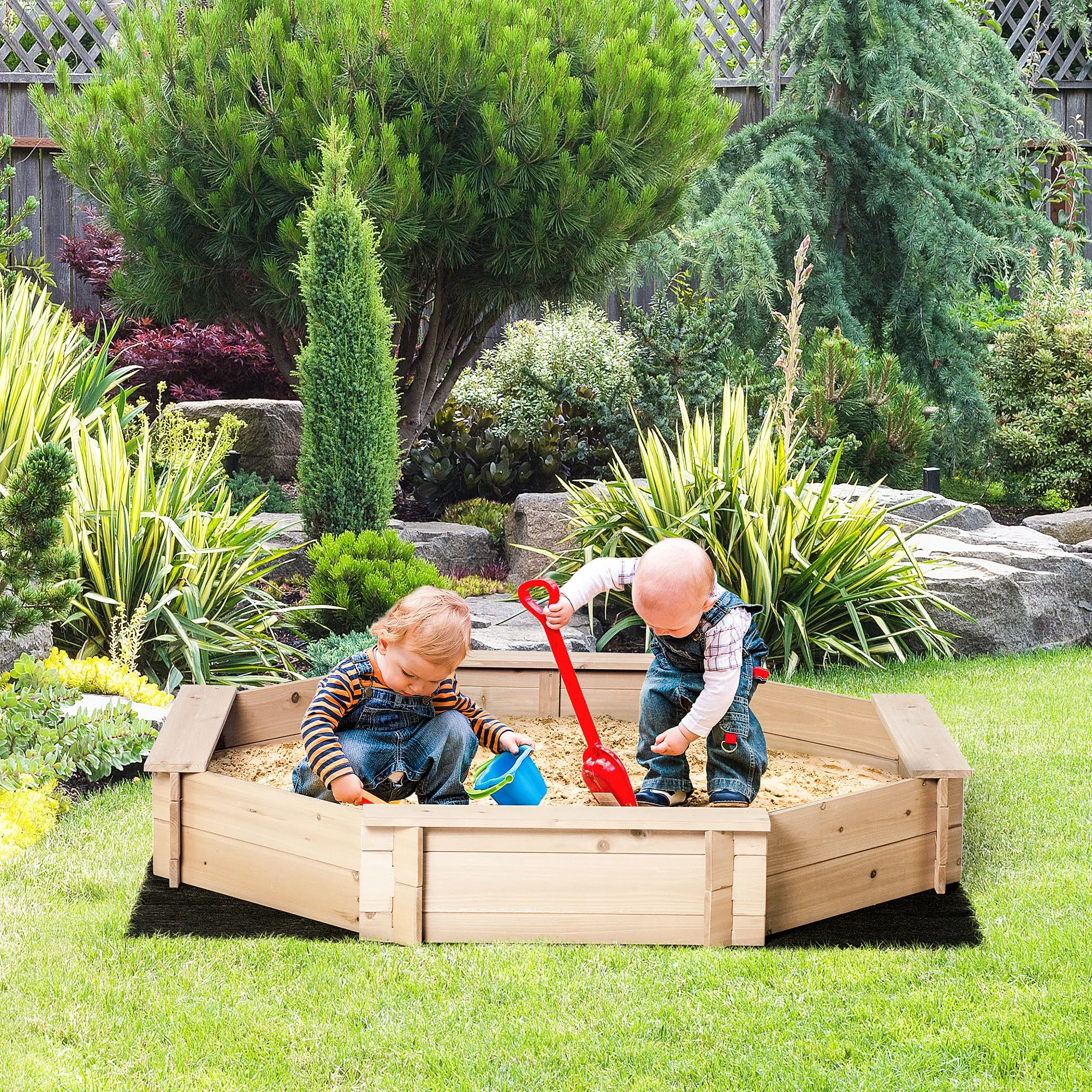 Children's Sandpit with Seats and Cover, Ages 3-8 Years, 139.5x139.5x21.5cm, Wood Color - Image 2