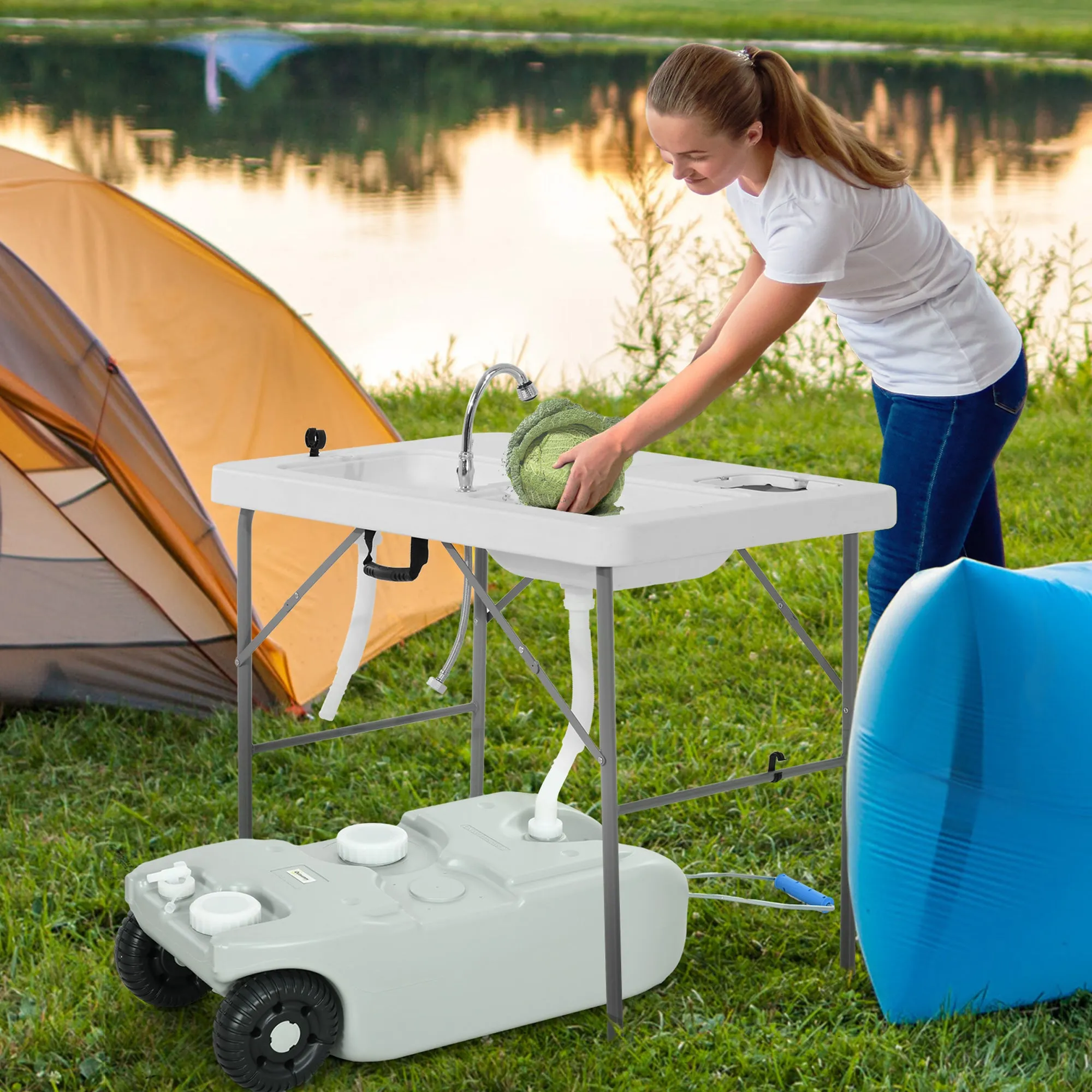 40L Camping Water Tank with Wheels and Adjustable Handle, Hose and Tap Included, Grey - Image 2