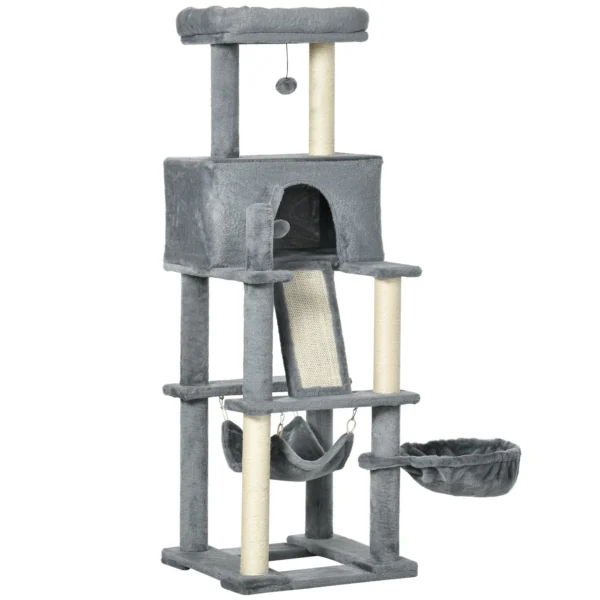 Cat Tree with Sisal Poles, House, Bed and Hammocks, 48x48x140cm, Grey