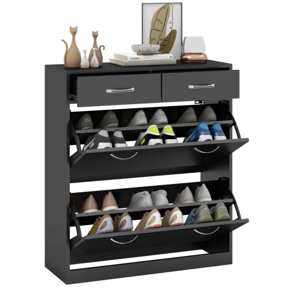 Shoe Rack of 12 Pairs with 2 Adjustable Internal Shelves and 2 Drawers, in Wood, 80x30x91.5 cm, Black