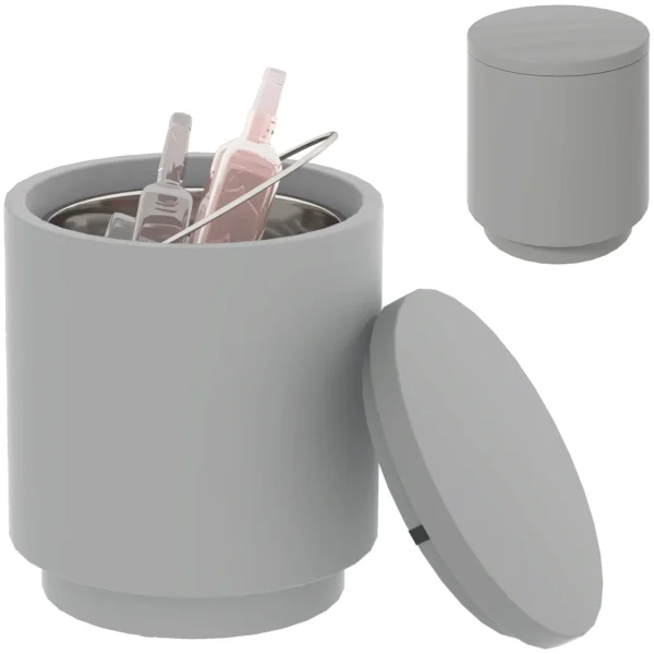 Multipurpose Coffee Table with Ice Bucket and Lid, in Concrete and Stainless Steel, Ø37.5x43.5 cm, Light Grey