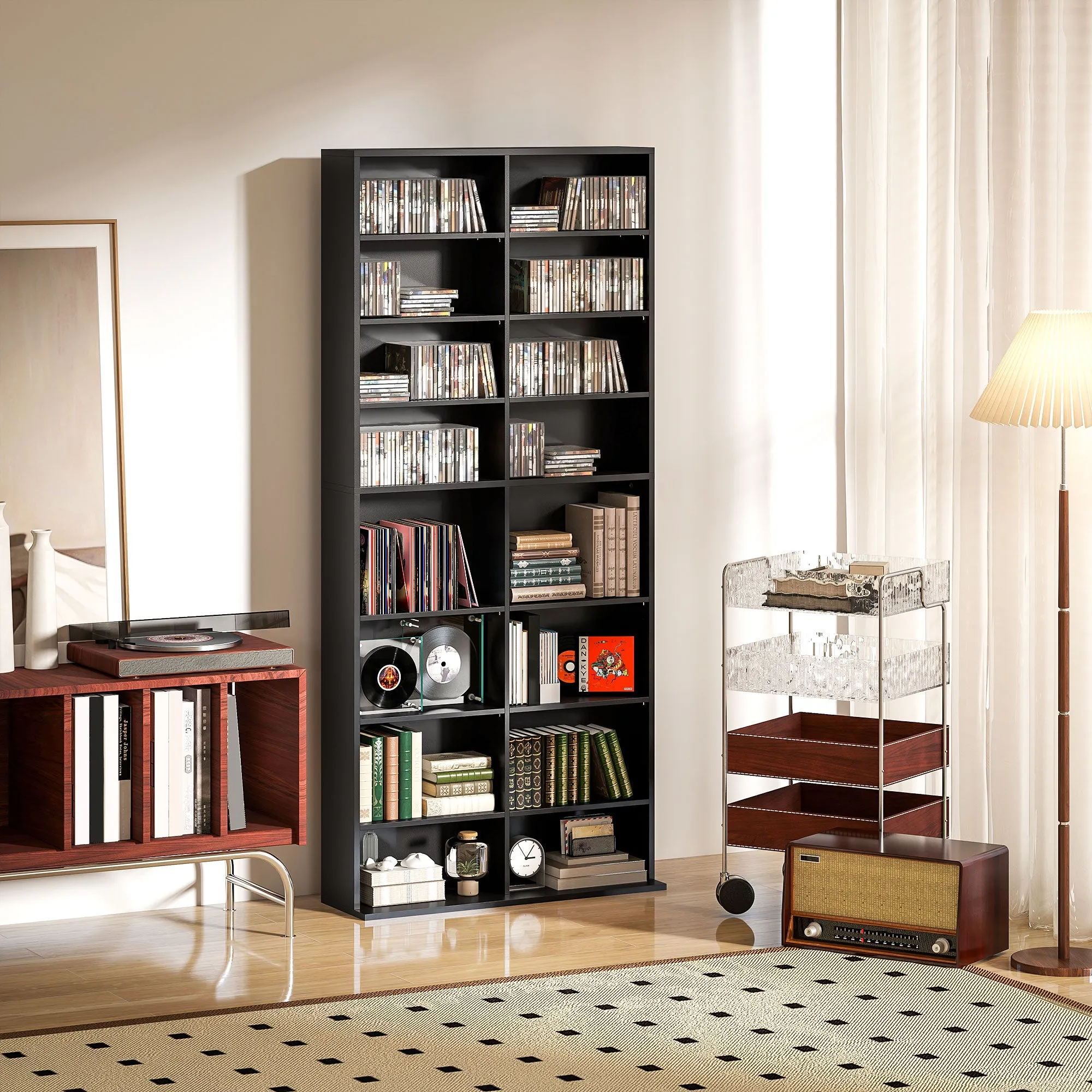 CD Rack with 14 Adjustable Shelves, 640 CDs/360 DVDs Capacity, 78.5x24x175 cm, Black - Image 2