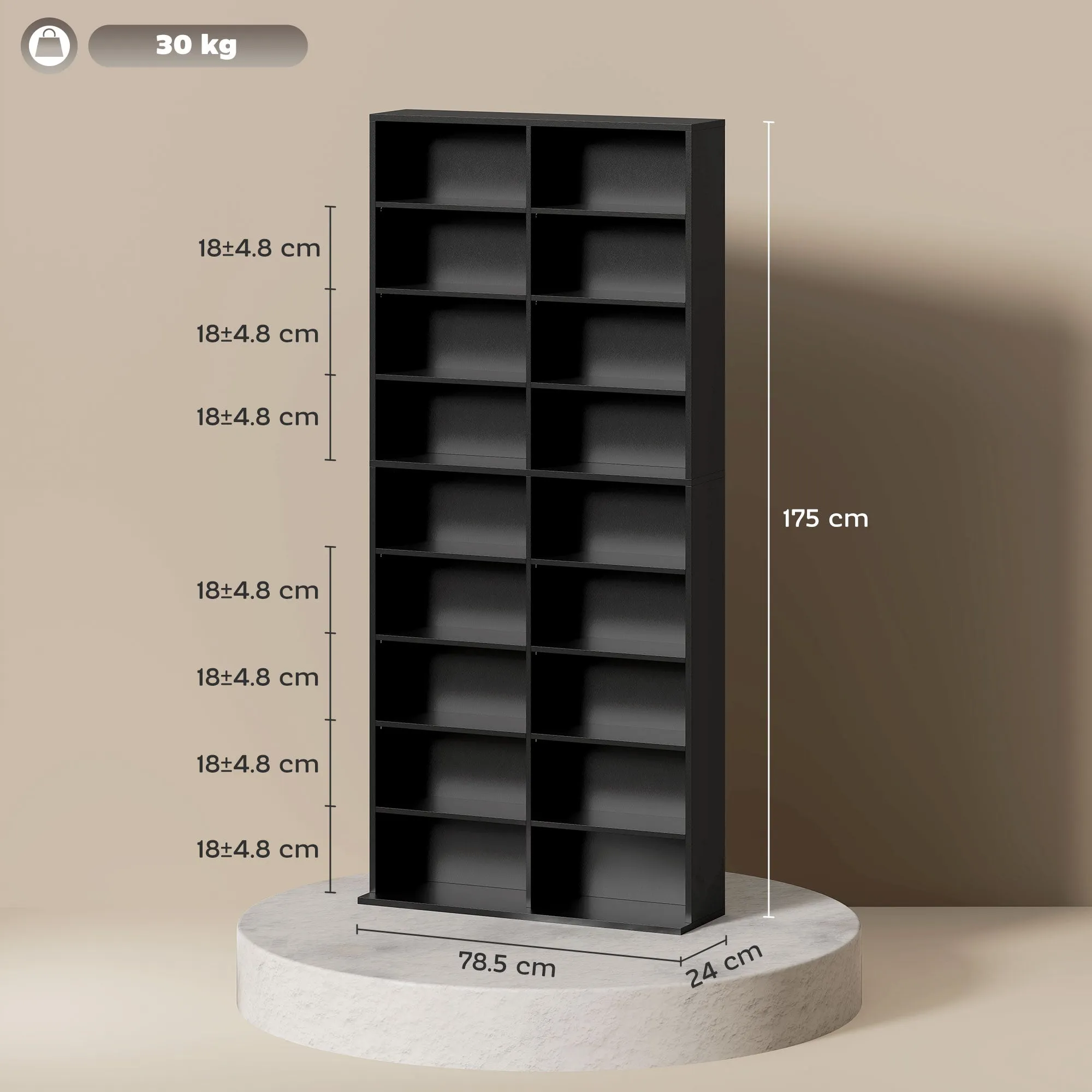CD Rack with 14 Adjustable Shelves, 640 CDs/360 DVDs Capacity, 78.5x24x175 cm, Black - Image 3