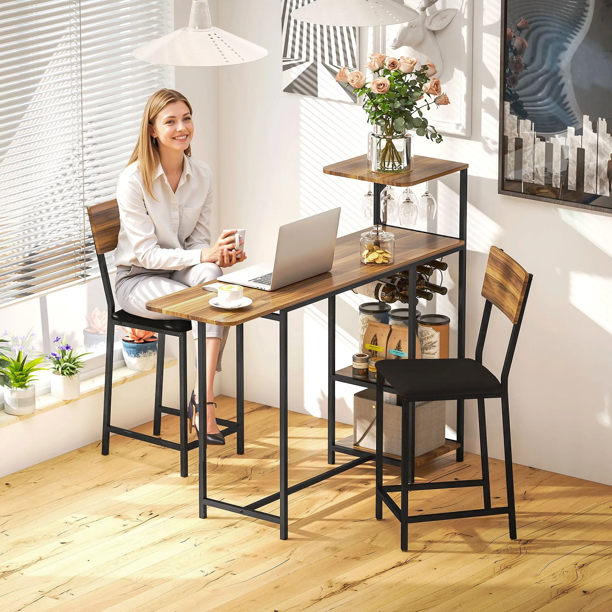Folding Bar Counter and 2 High Stools with Backrest, Wine Rack and Glass Holder, Brown - Image 2