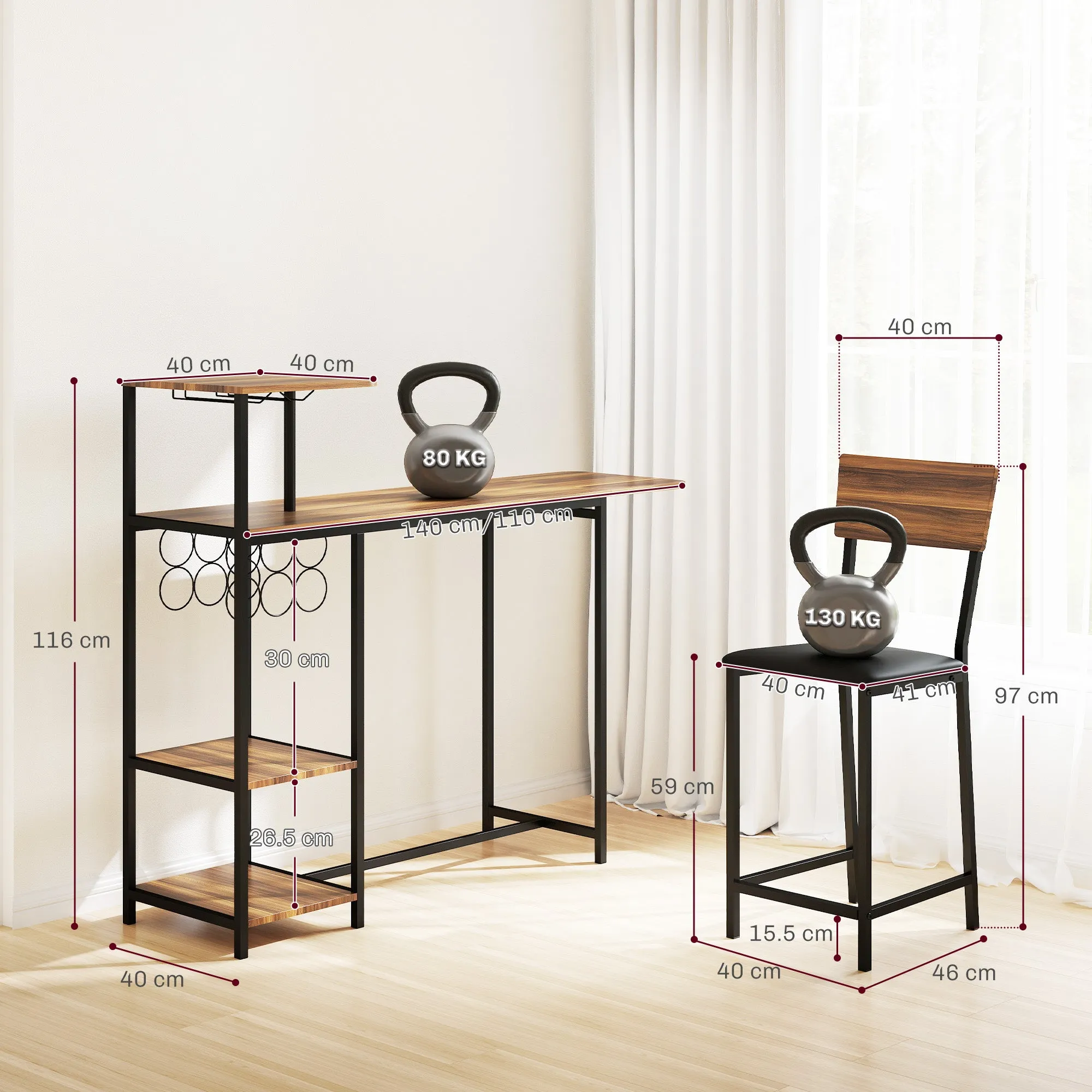 Folding Bar Counter and 2 High Stools with Backrest, Wine Rack and Glass Holder, Brown - Image 3