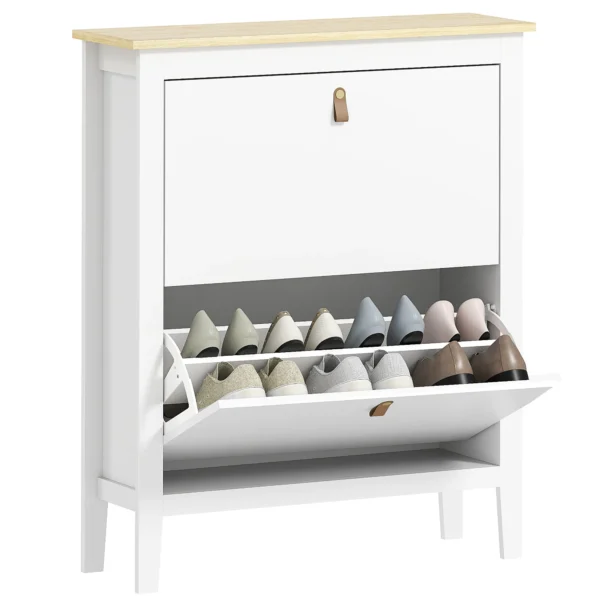 Slim Shoe Rack 2 Drawers for 14 Pairs of Shoes Size EU44 and Adjustable Shelves, 80x24x95.5cm, White