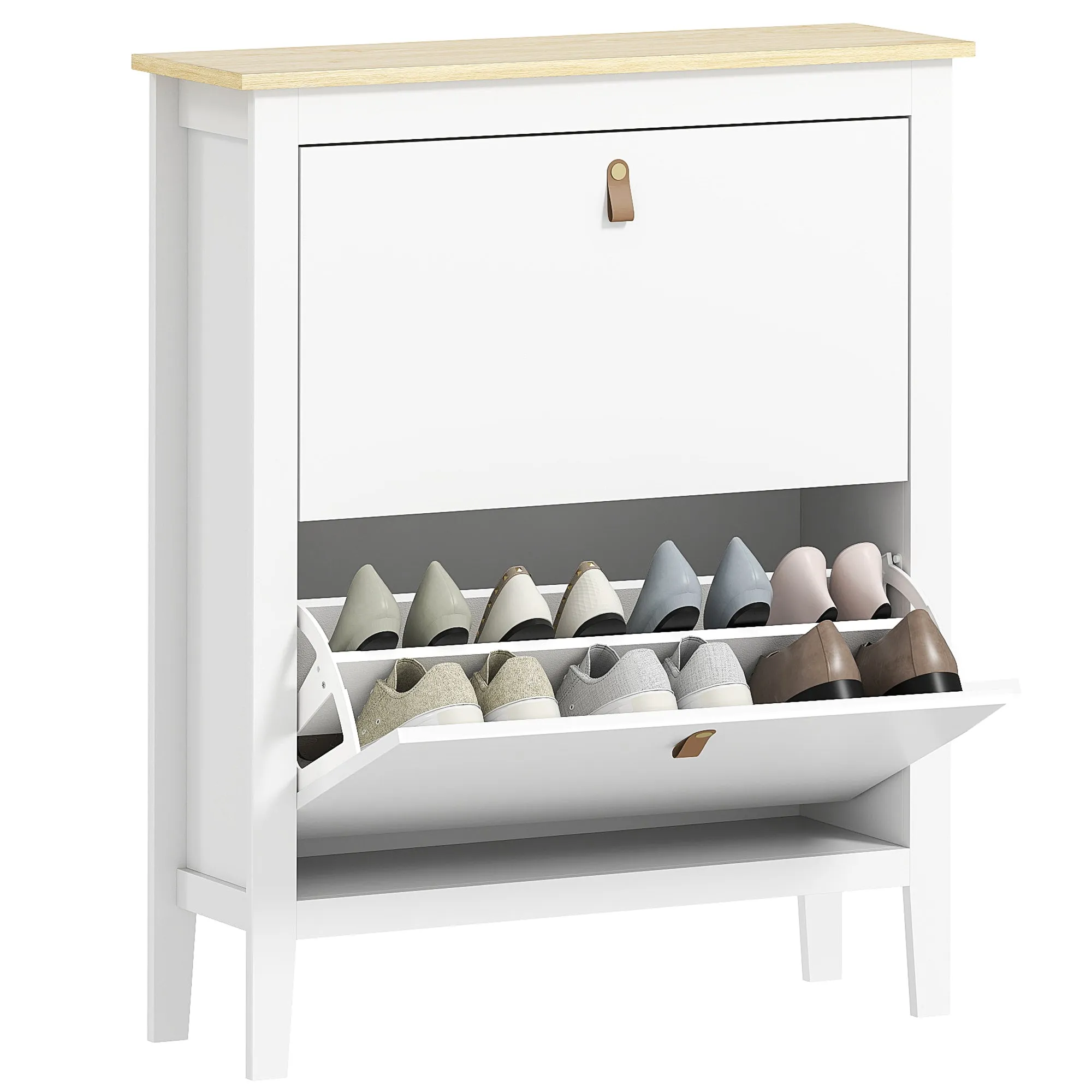 Slim Shoe Rack 2 Drawers for 14 Pairs of Shoes Size EU44 and Adjustable Shelves, 80x24x95.5cm, White