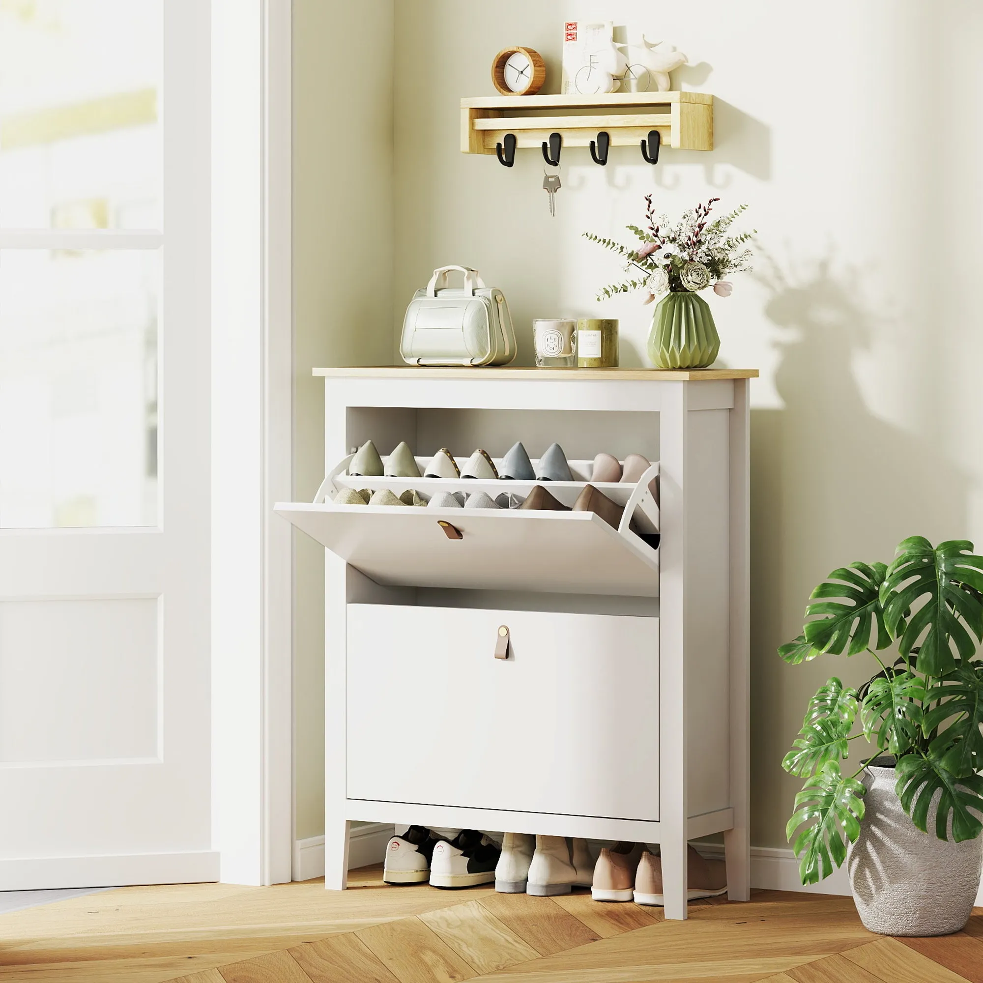 Slim Shoe Rack 2 Drawers for 14 Pairs of Shoes Size EU44 and Adjustable Shelves, 80x24x95.5cm, White - Image 2