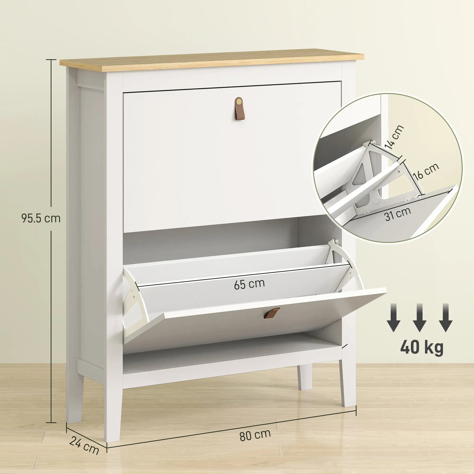 Slim Shoe Rack 2 Drawers for 14 Pairs of Shoes Size EU44 and Adjustable Shelves, 80x24x95.5cm, White - Image 3
