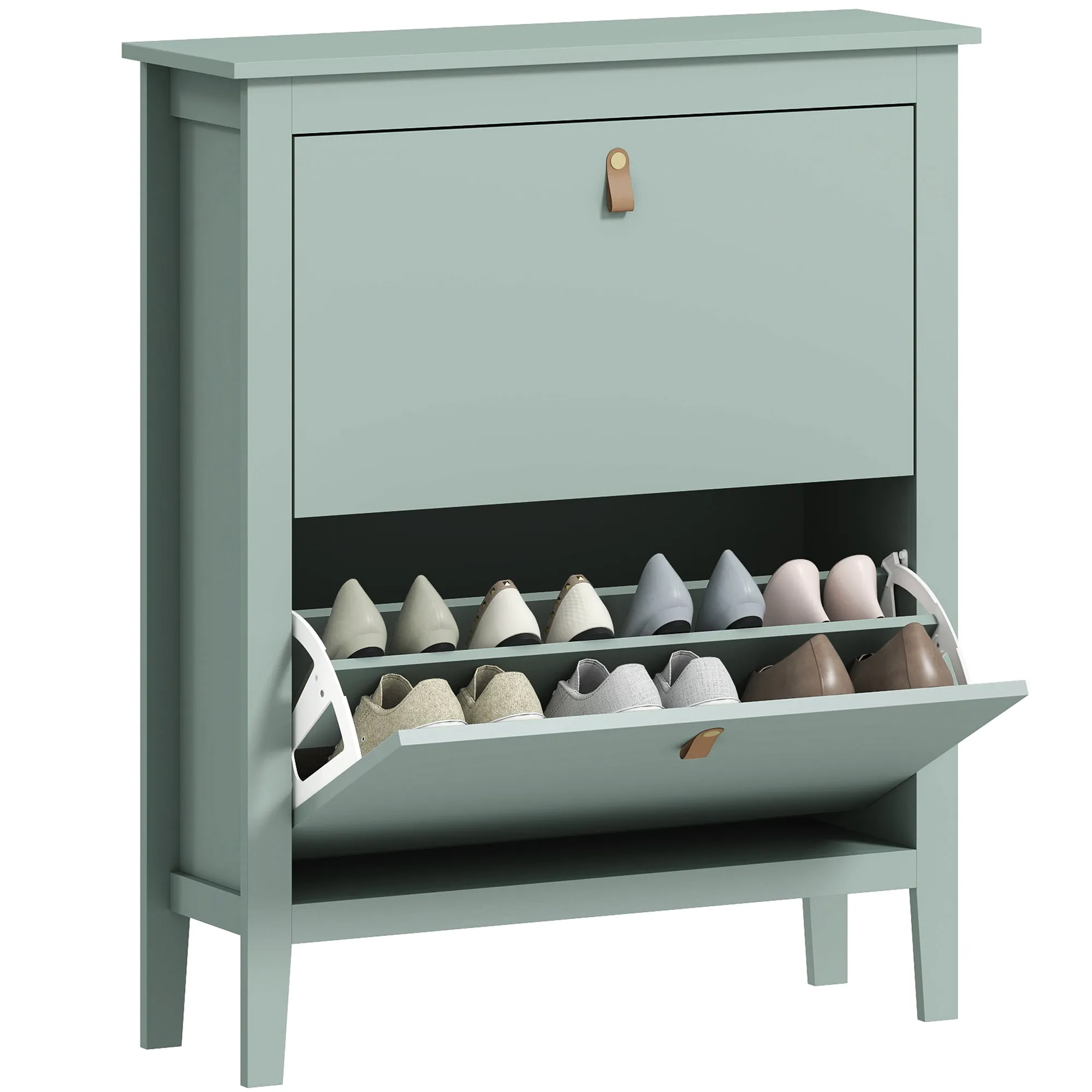 Slim Shoe Rack 2 Drawers for 14 Pairs of Shoes Size EU44 and Adjustable Shelves, 80x24x95.5cm, Green