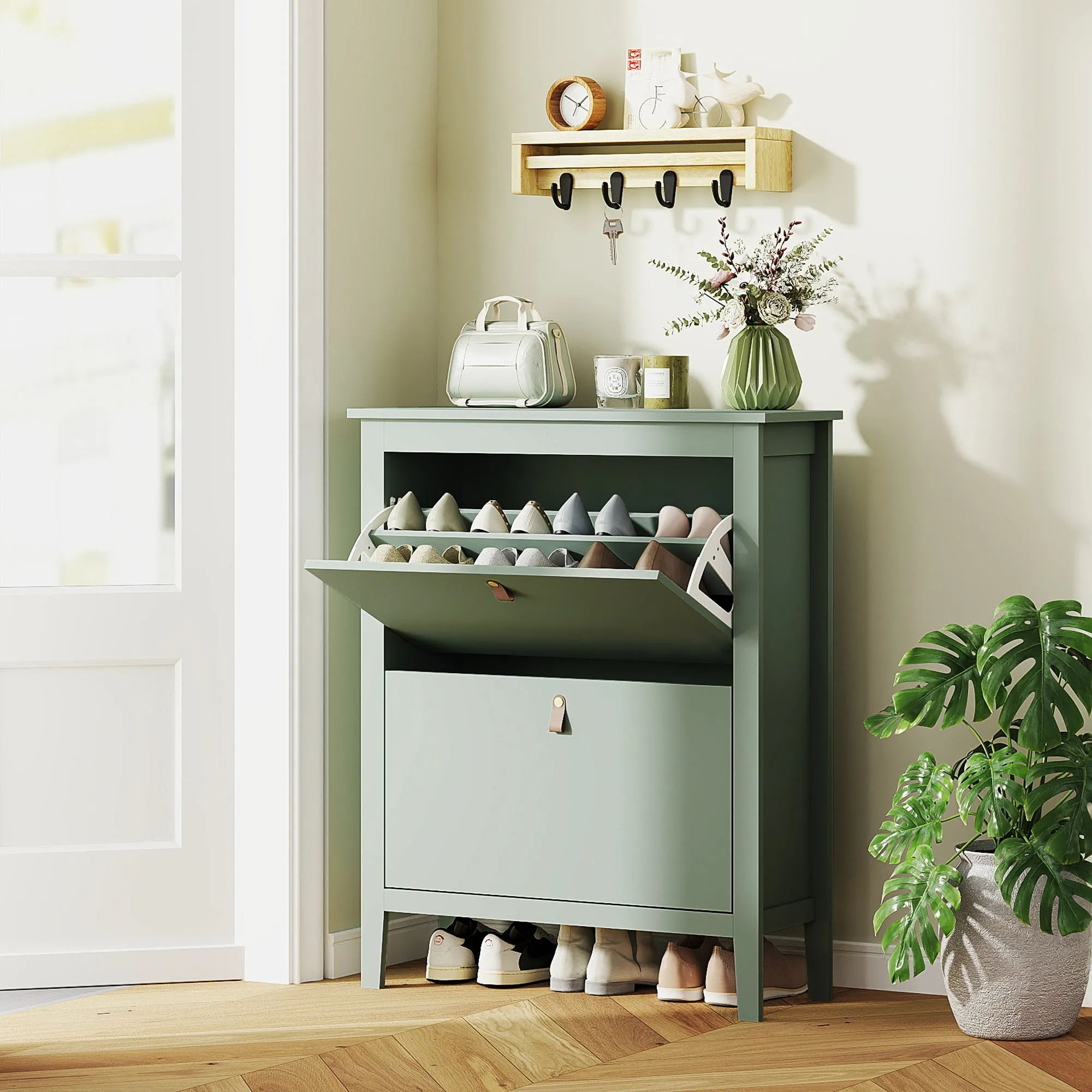 Slim Shoe Rack 2 Drawers for 14 Pairs of Shoes Size EU44 and Adjustable Shelves, 80x24x95.5cm, Green - Image 2