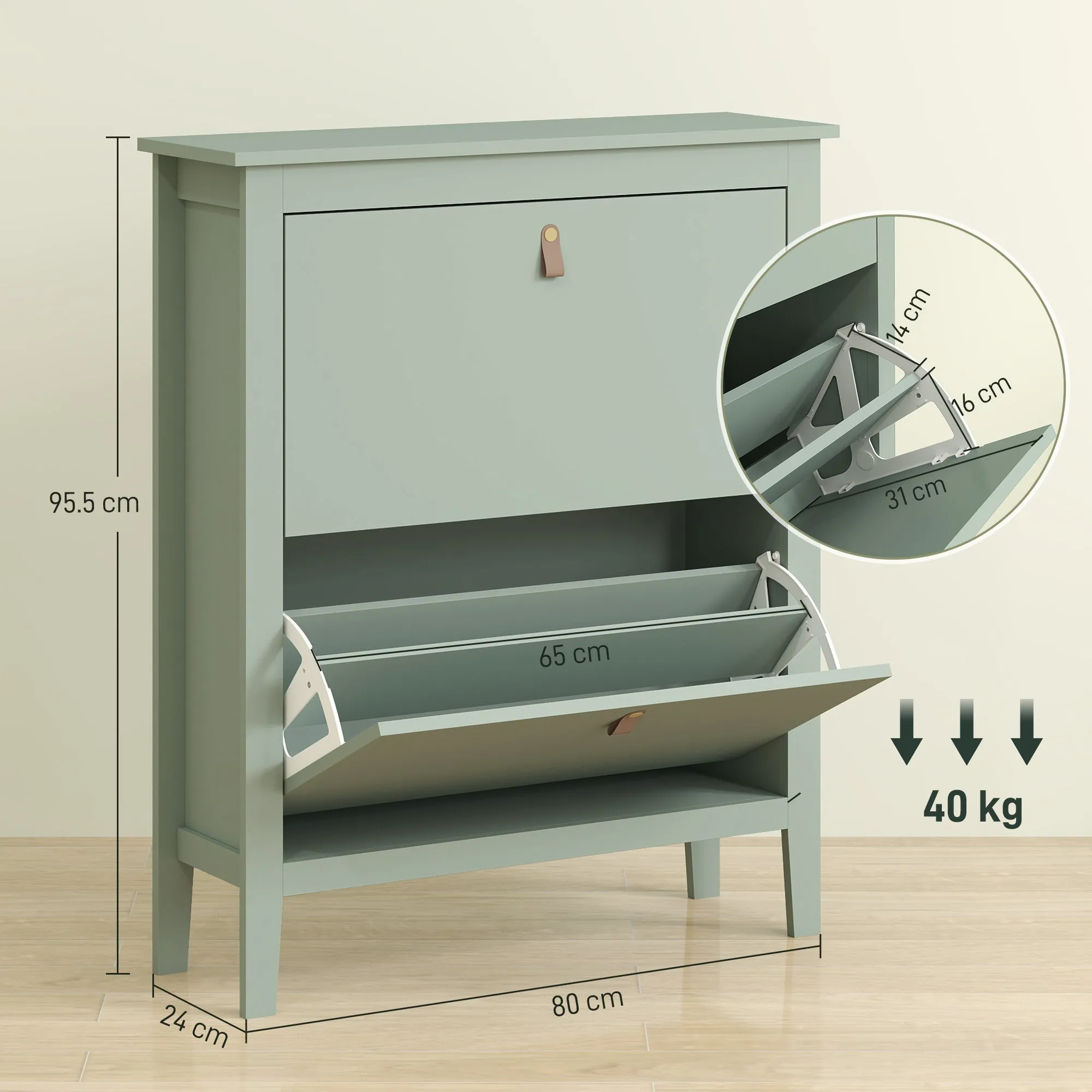 Slim Shoe Rack 2 Drawers for 14 Pairs of Shoes Size EU44 and Adjustable Shelves, 80x24x95.5cm, Green - Image 3