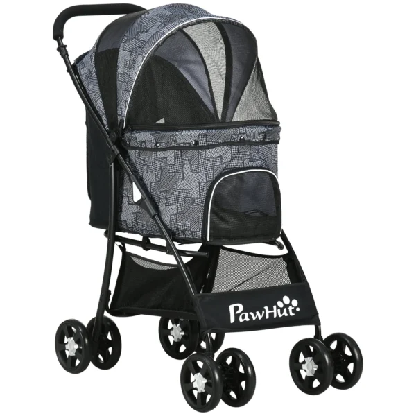 Dog Stroller with Basket, Cushion and 2 Leashes, Steel and Oxford Fabric, 81x48x99 cm, Black and Grey