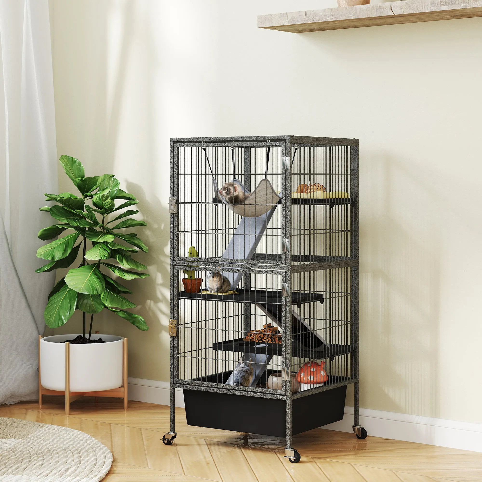 4 Level Small Animal Cage with Ramps, Platforms, Hammock and Wheels, 52x52x115 cm, Grey - Image 2