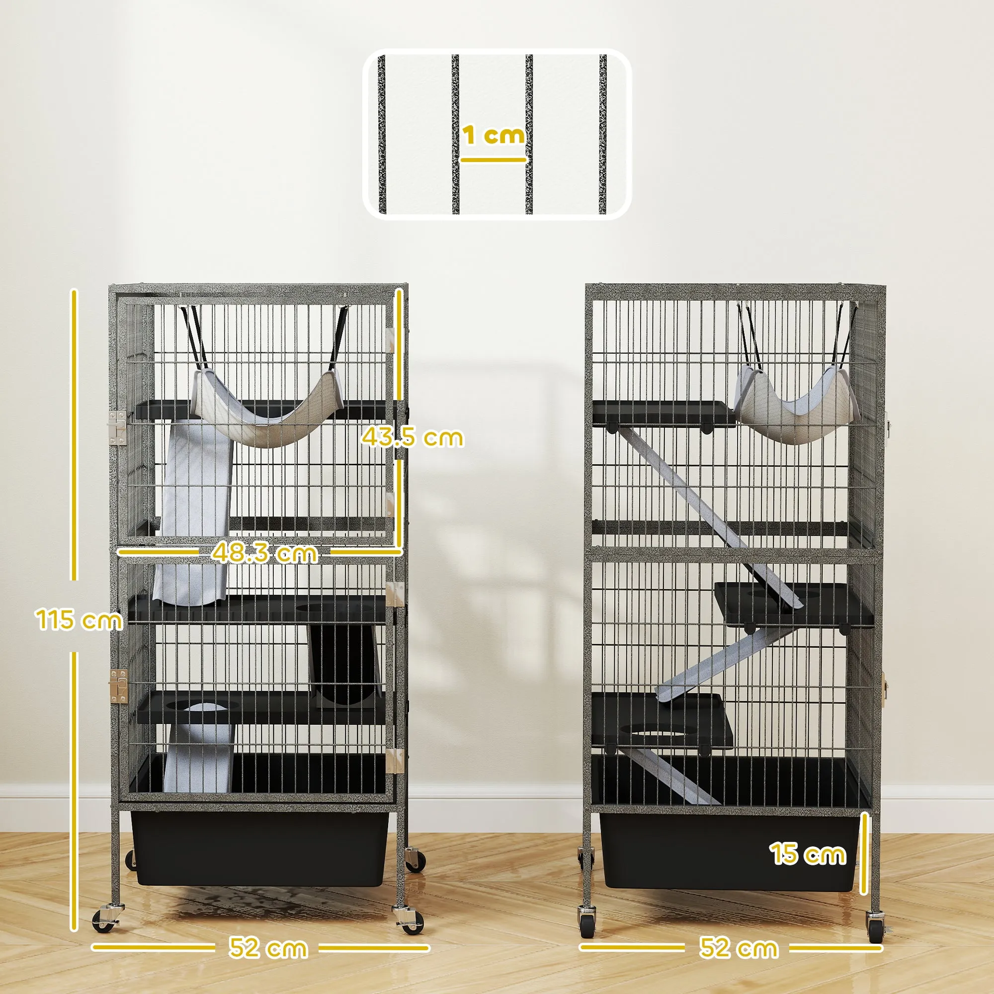 4 Level Small Animal Cage with Ramps, Platforms, Hammock and Wheels, 52x52x115 cm, Grey - Image 3