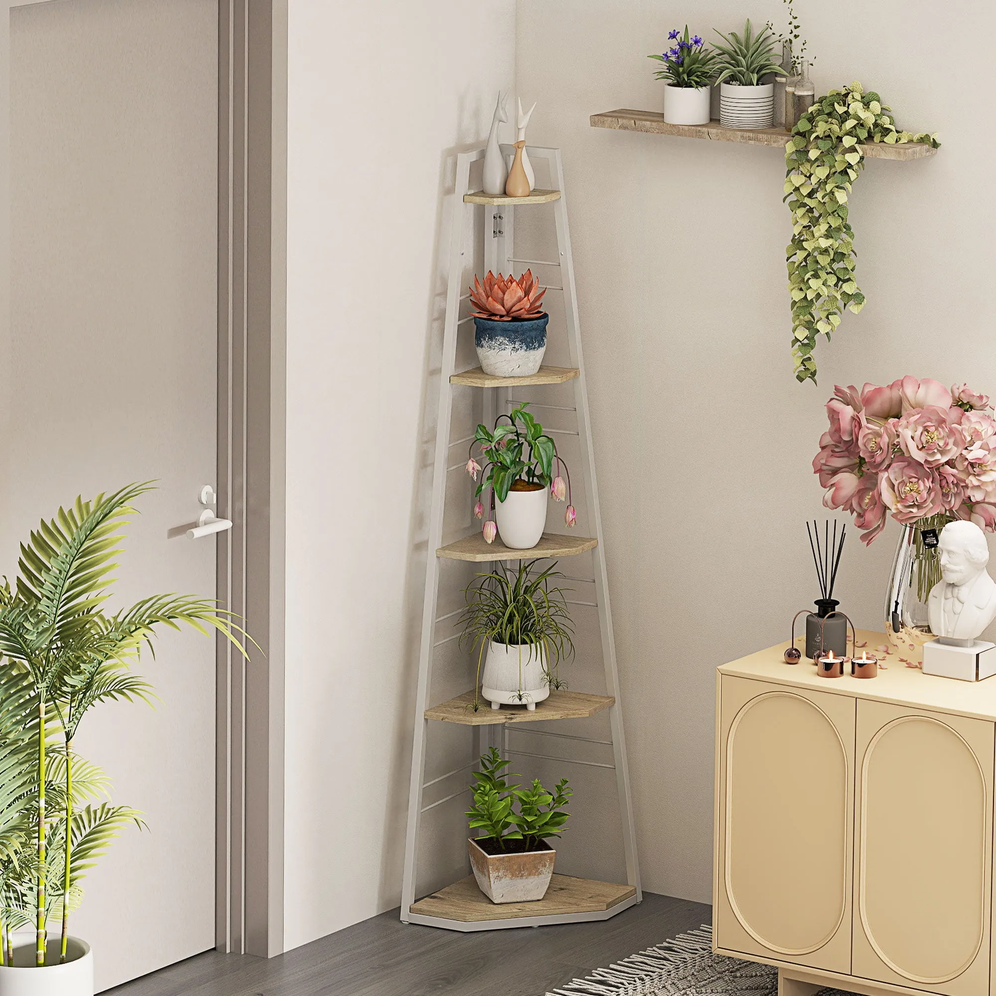 5-Tier Corner Bookcase with Folding Frame and Adjustable Feet, Wood Color - Image 2