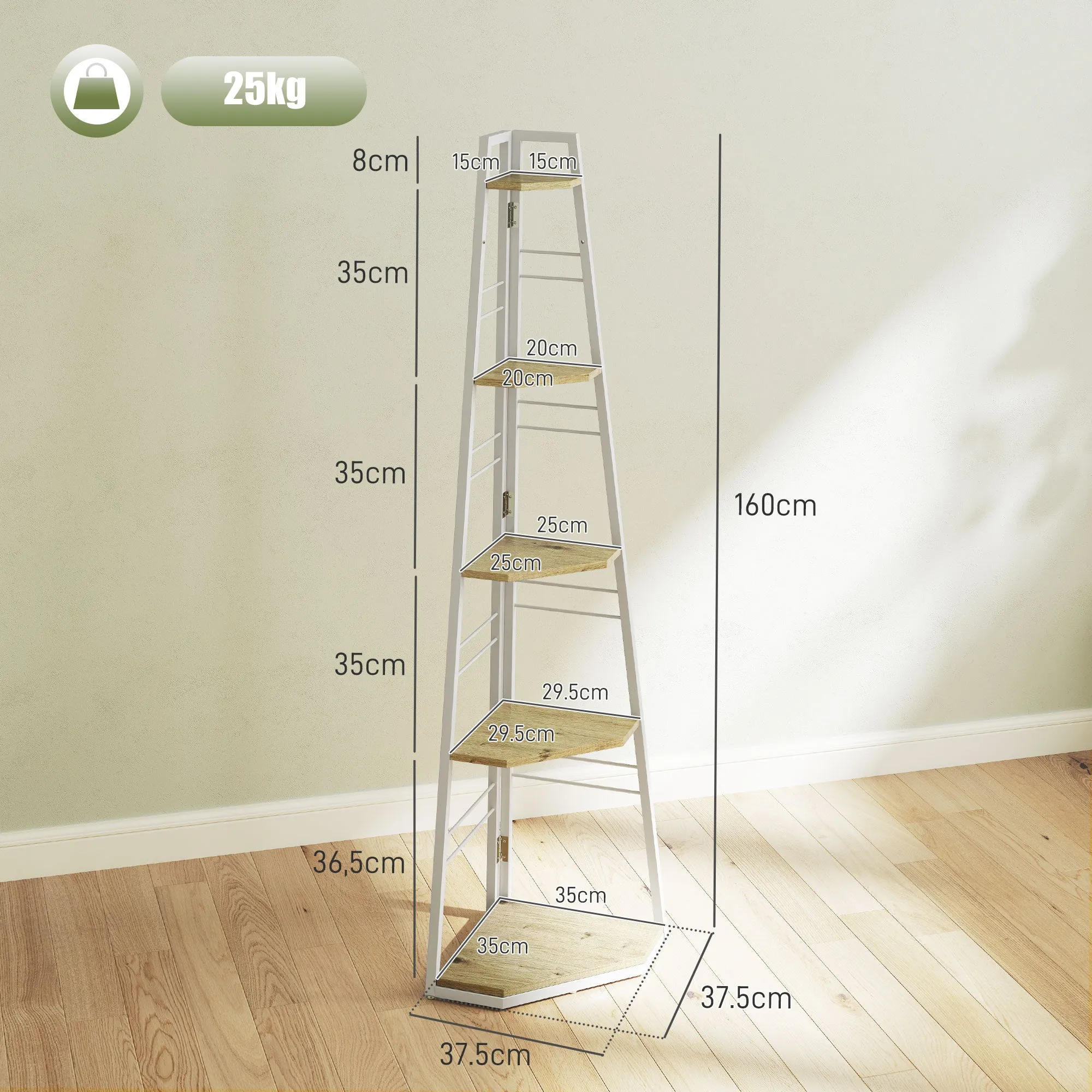 5-Tier Corner Bookcase with Folding Frame and Adjustable Feet, Wood Color - Image 3