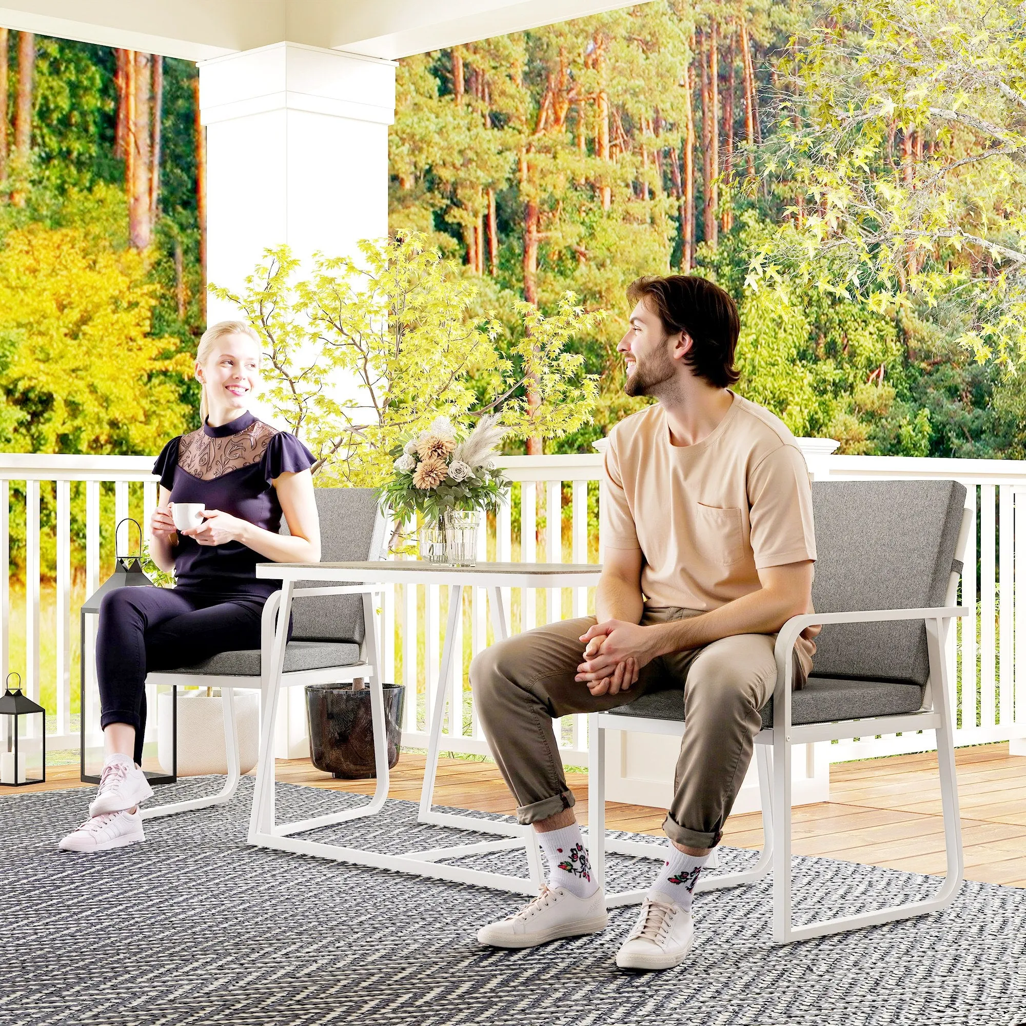 3 Piece Outdoor Set with 2 Chairs with Armrests and Cushions and Glass Top Table, White - Image 2