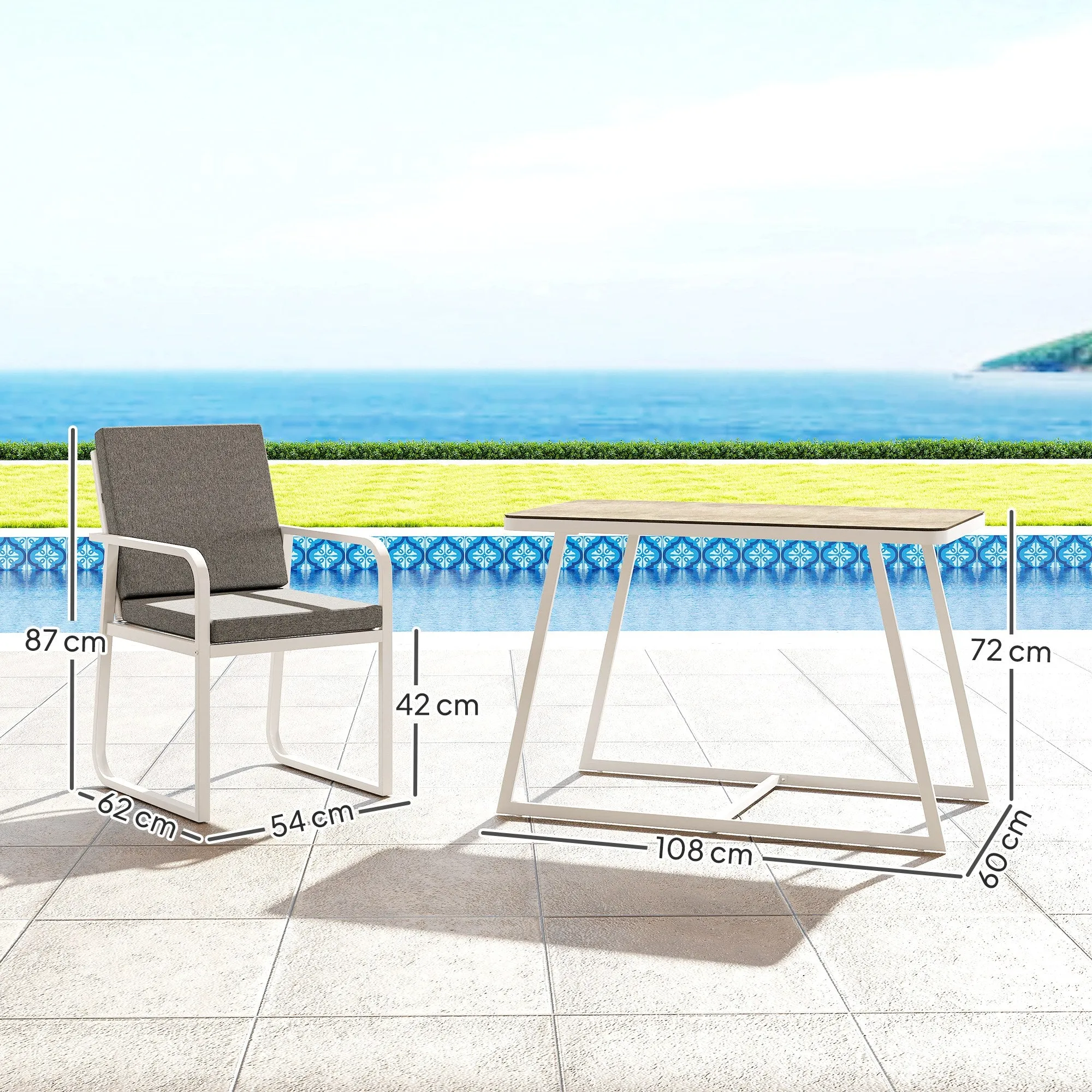 3 Piece Outdoor Set with 2 Chairs with Armrests and Cushions and Glass Top Table, White - Image 3