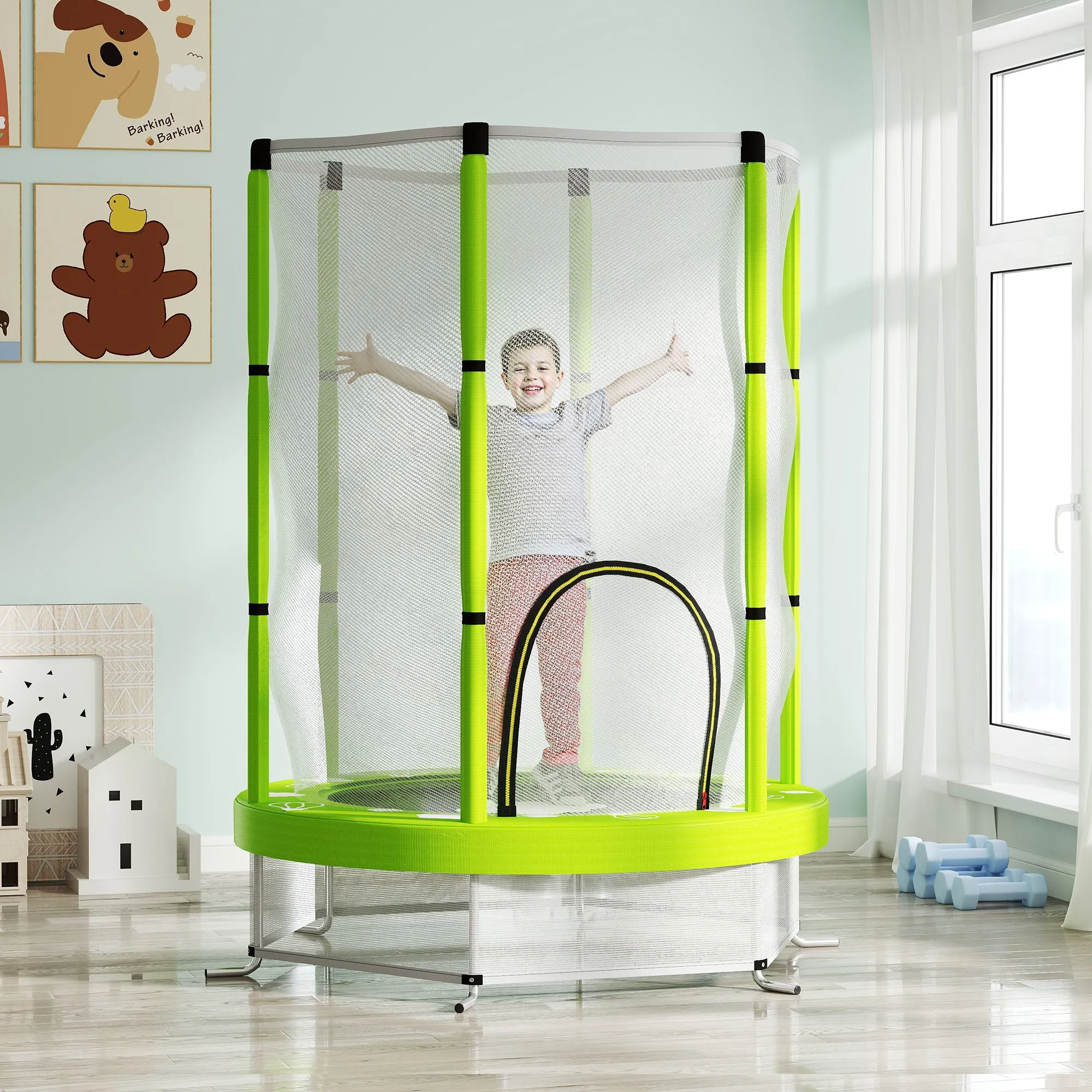 Children's Trampoline Ø140 cm with Safety Net and Drawings, Age 3-6 Years, Green - Image 2