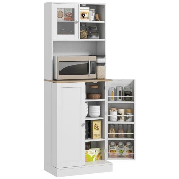 Kitchen Pantry Microwave Stand with Open Shelves and Cabinet with Spice Rack, 60x35x169 cm, White