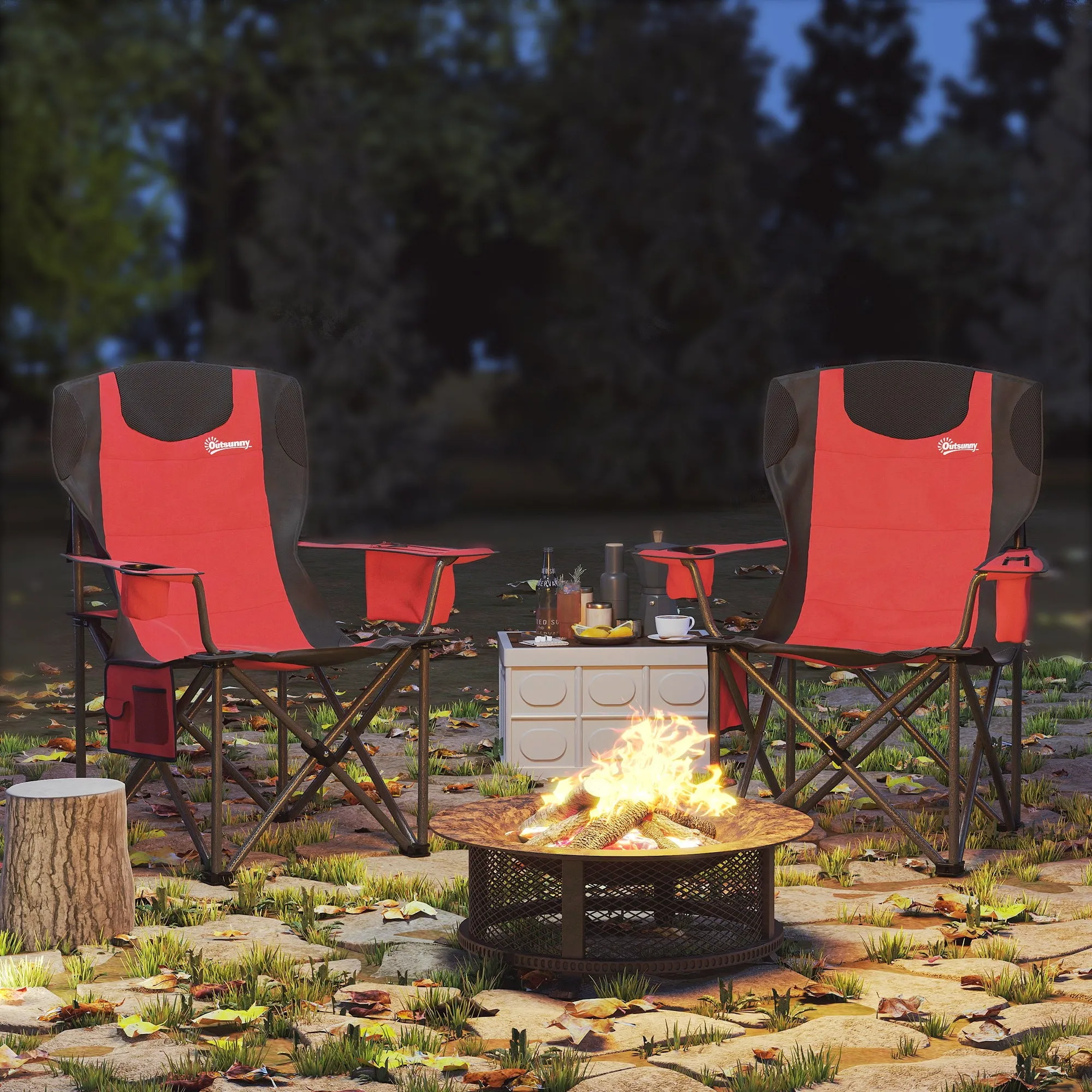 Set of 2 Folding Camping Chairs with Cooler Bag, Cup Holder and 2 Pockets, 94x62x100 cm, Red - Image 2