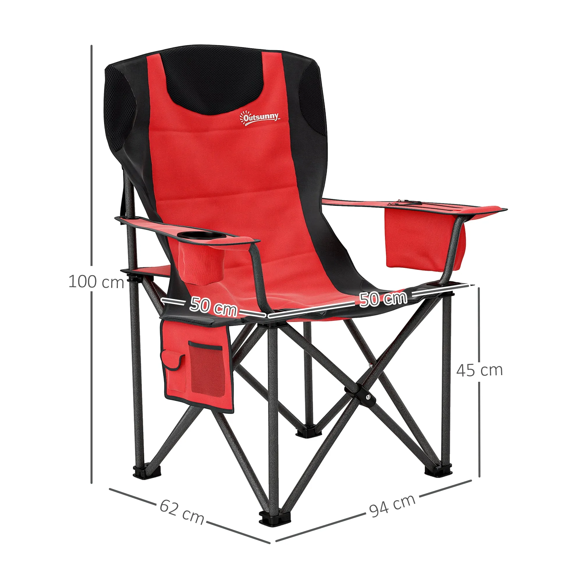 Set of 2 Folding Camping Chairs with Cooler Bag, Cup Holder and 2 Pockets, 94x62x100 cm, Red - Image 3