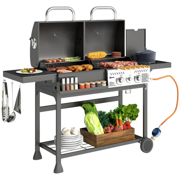 Charcoal and Gas Barbecue with 3 Burners and Lid, Thermometer, Wheels and Shelves, Black