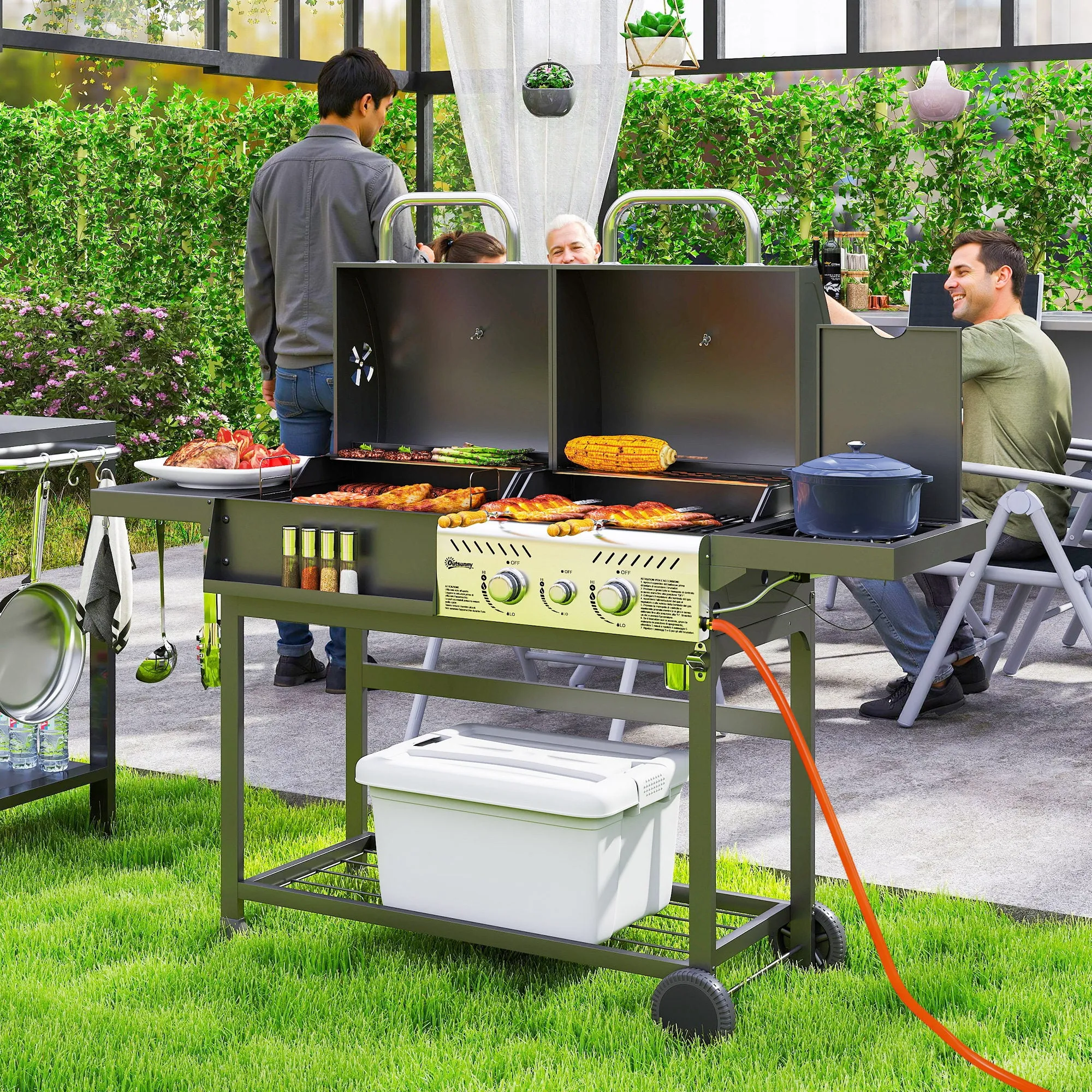 Charcoal and Gas Barbecue with 3 Burners and Lid, Thermometer, Wheels and Shelves, Black - Image 2