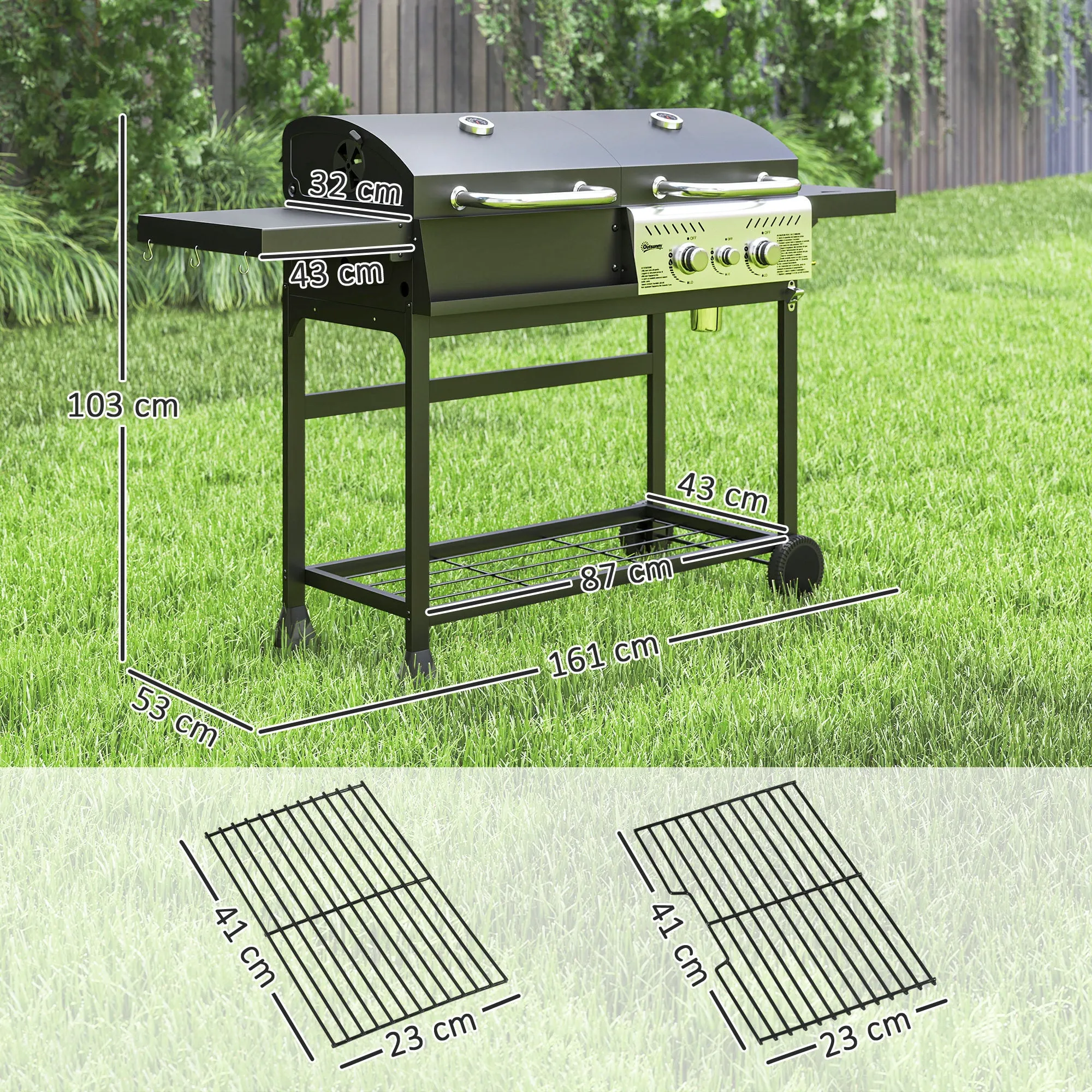 Charcoal and Gas Barbecue with 3 Burners and Lid, Thermometer, Wheels and Shelves, Black - Image 3