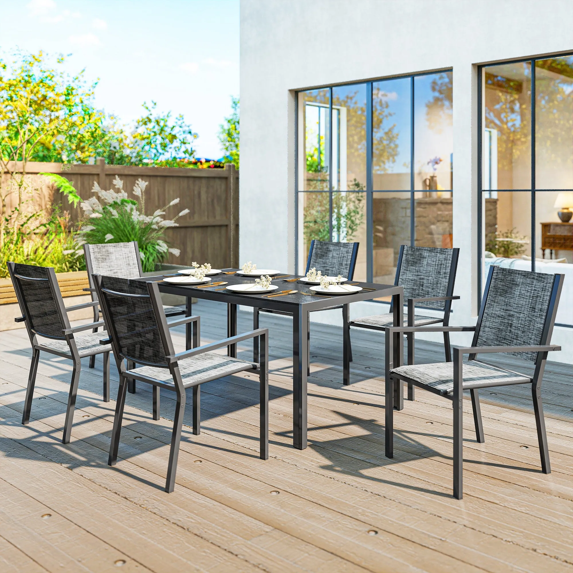 7 Piece Steel Garden Set with Rectangular Table and 6 Breathable Stackable Chairs, Grey and Black - Image 2