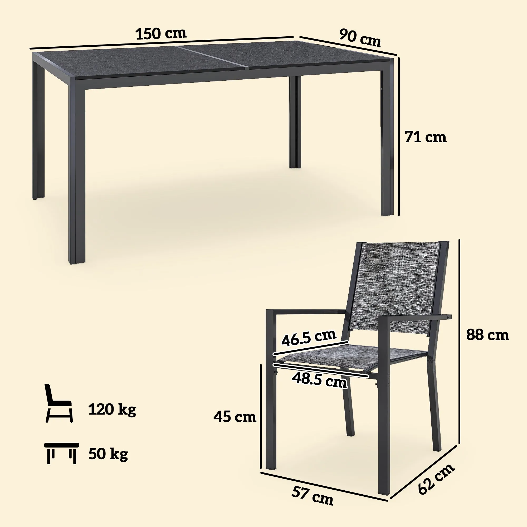 7 Piece Steel Garden Set with Rectangular Table and 6 Breathable Stackable Chairs, Grey and Black - Image 3