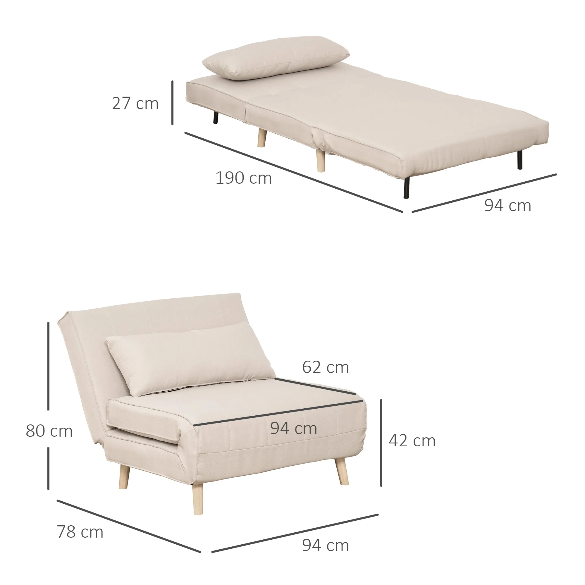 3 in 1 Sofa Bed with 6-Position Reclining Backrest, 94x78x80 cm, Beige - Image 3