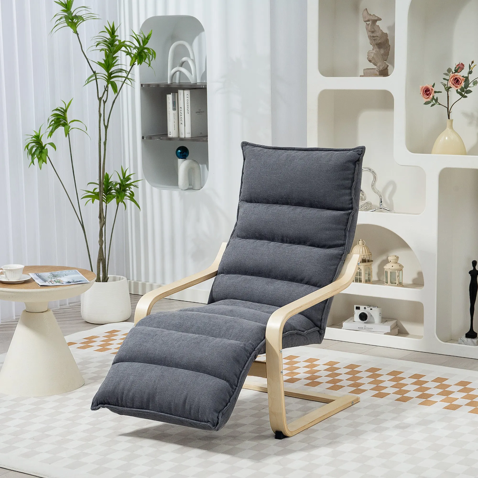 Wooden Relax Chair with Velvet Upholstery and Adjustable Footrest, Dark Grey - Image 2