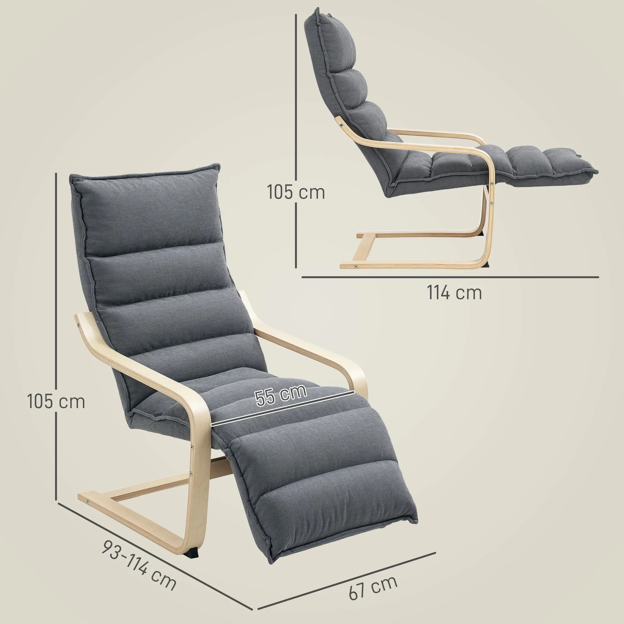 Wooden Relax Chair with Velvet Upholstery and Adjustable Footrest, Dark Grey - Image 3