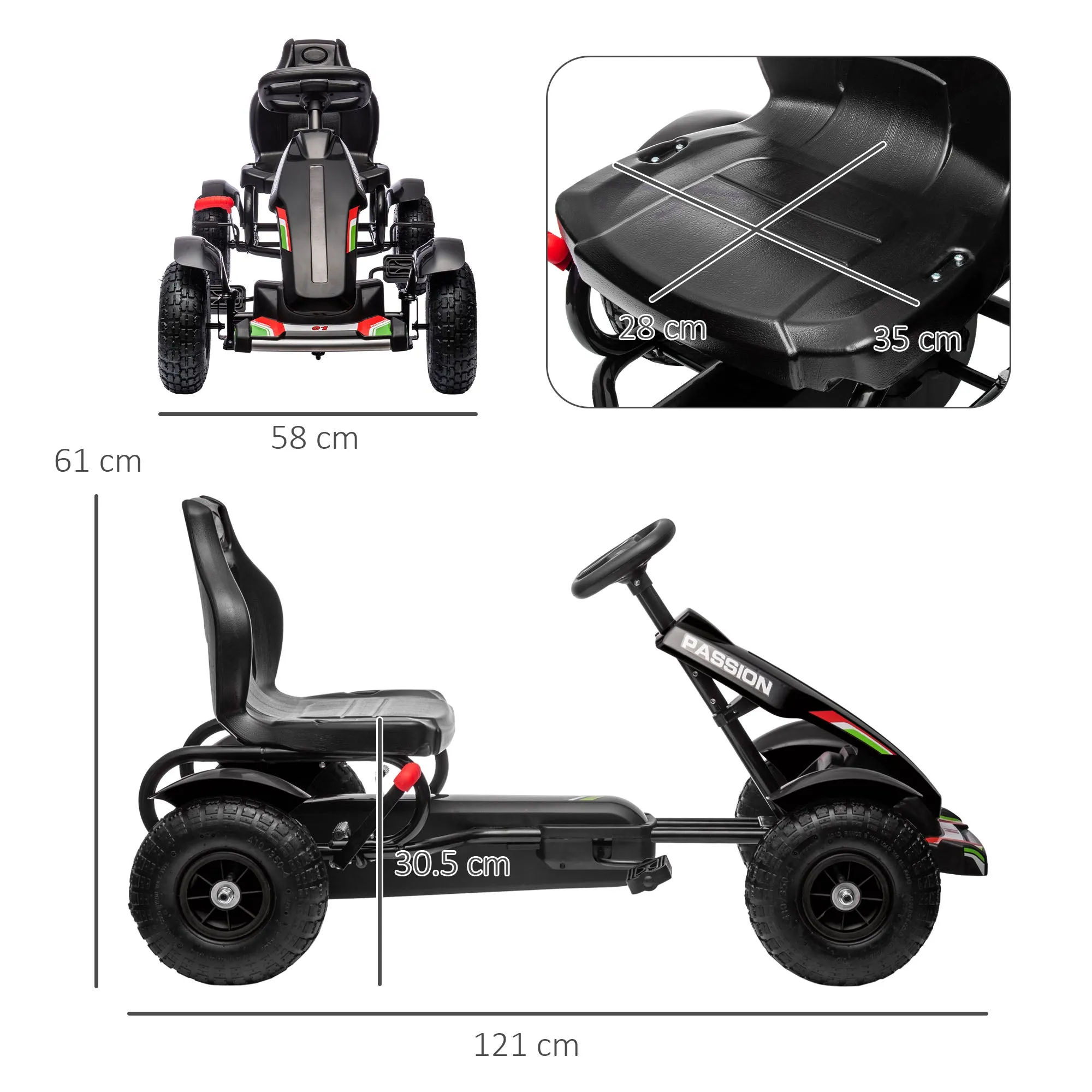 Pedal Go Kart for Children 5-12 Years in PP and Black Metal with Adjustable Seat and Handbrake, 121x58x61 cm - Image 3