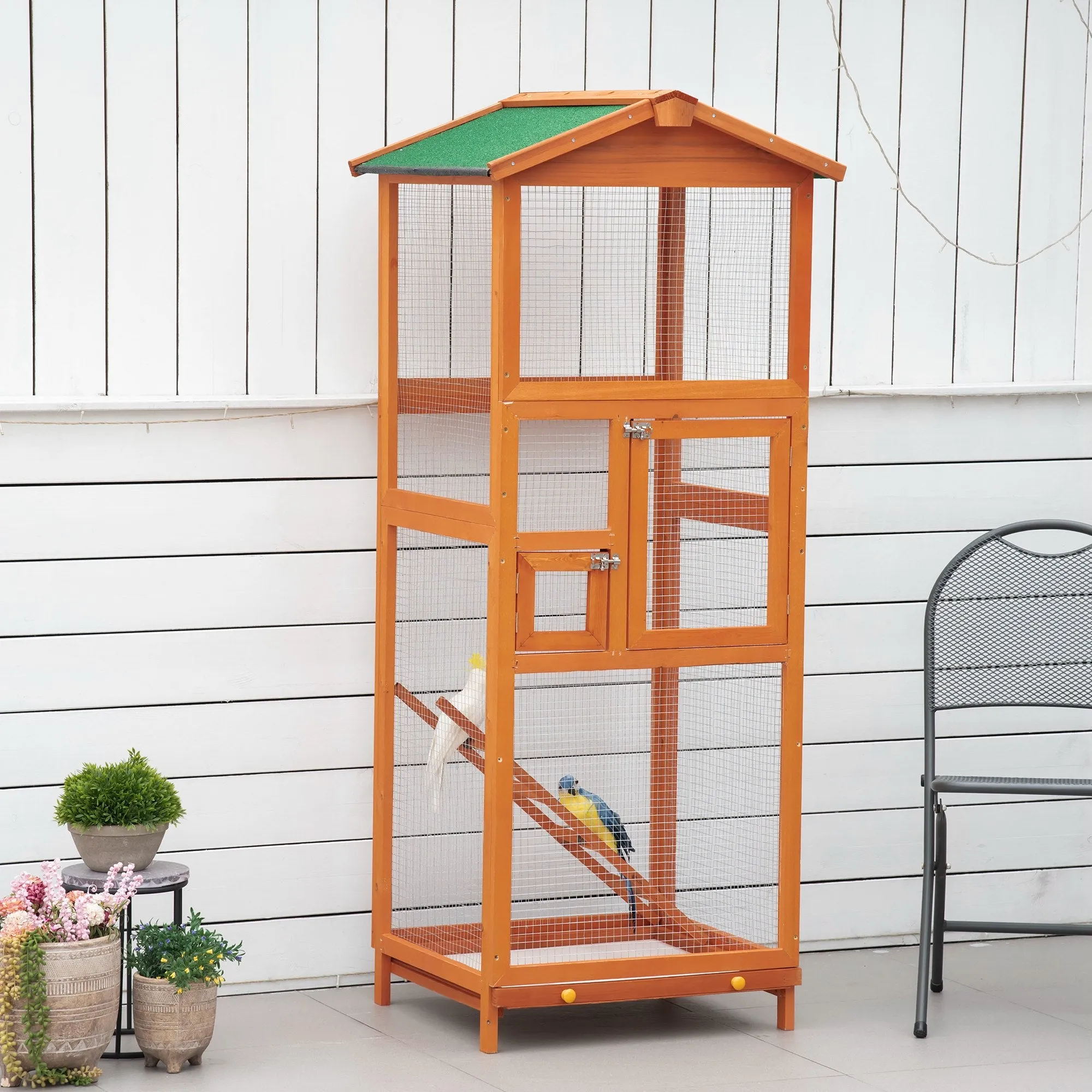 165cm Tall Outdoor Wooden Bird Cage with 2 Doors and Pull Out Tray, Orange - Image 2
