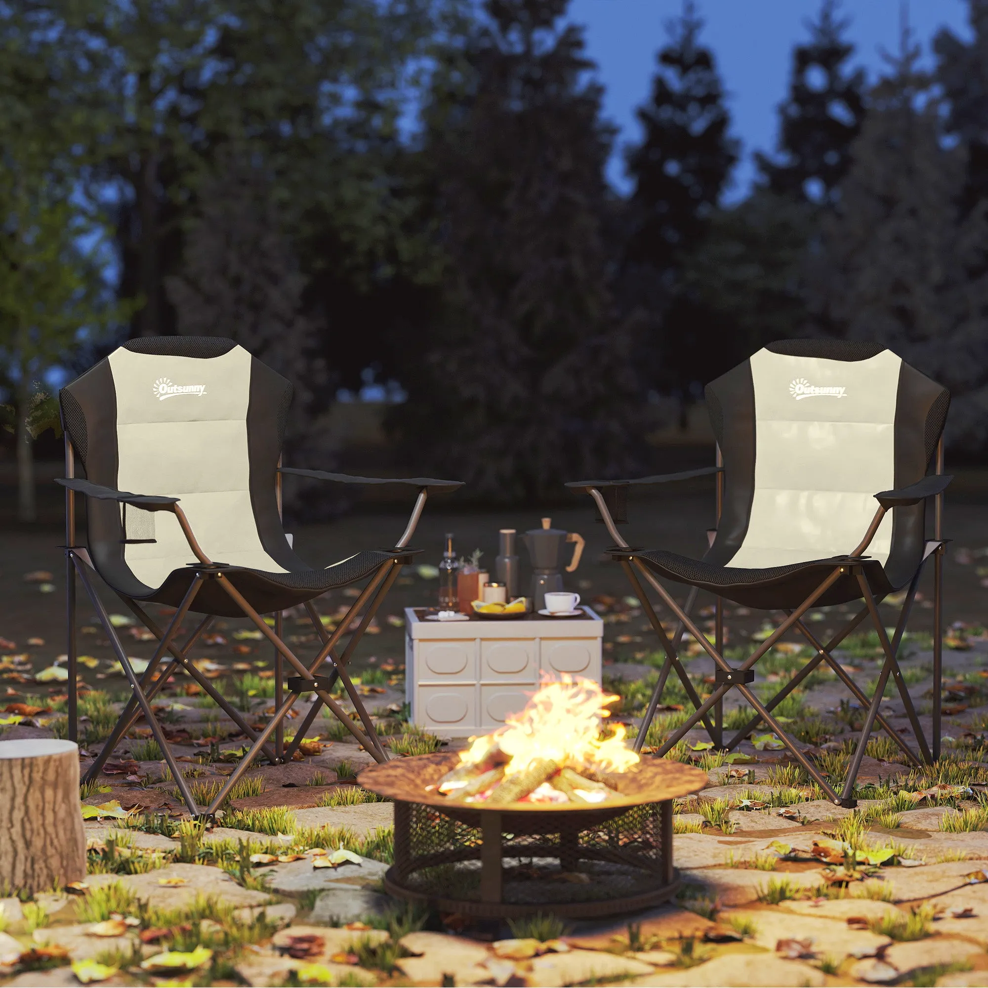 Set of 2 Folding Camping Chairs with High Backrest, Cup Holder and Carry Bags, Cream - Image 2