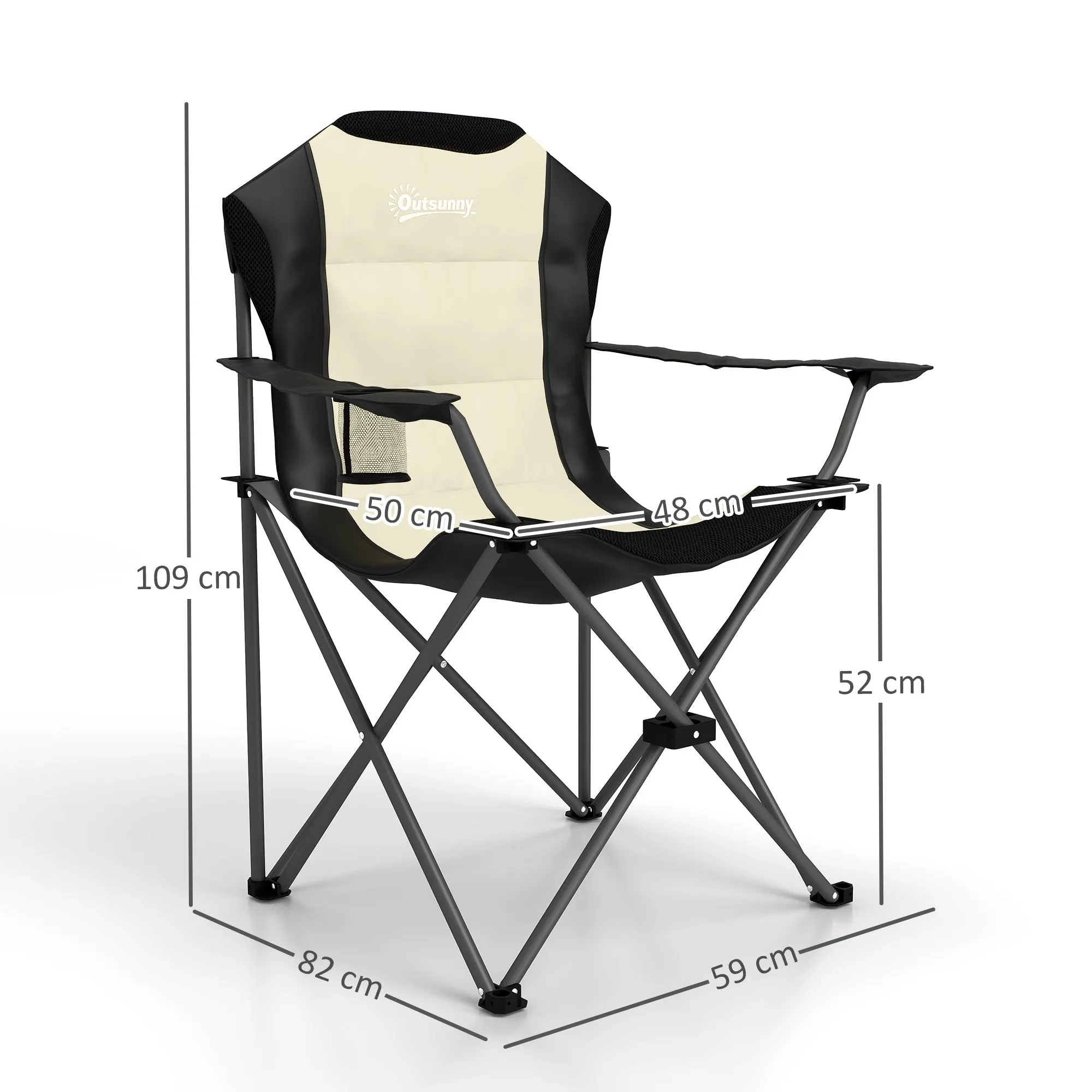 Set of 2 Folding Camping Chairs with High Backrest, Cup Holder and Carry Bags, Cream - Image 3