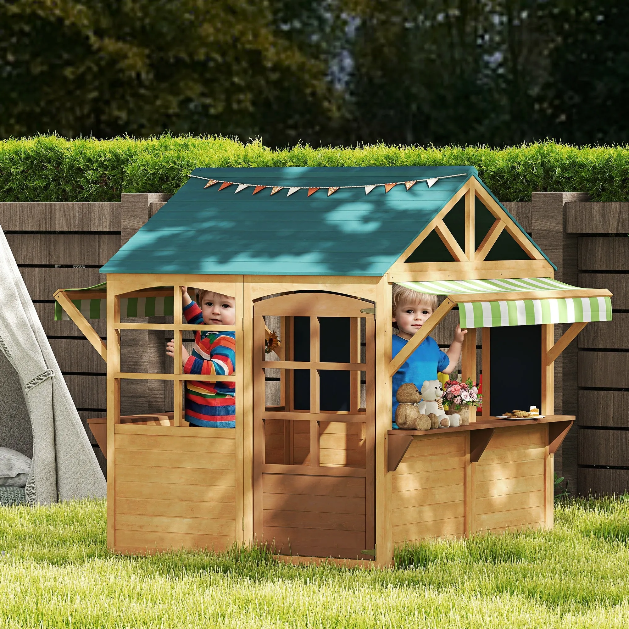 Playhouse for Children 3-8 Years with 5 Windows and 2 Blackboards, in Fir Wood, 173x117x144 cm, Brown and Blue - Image 2