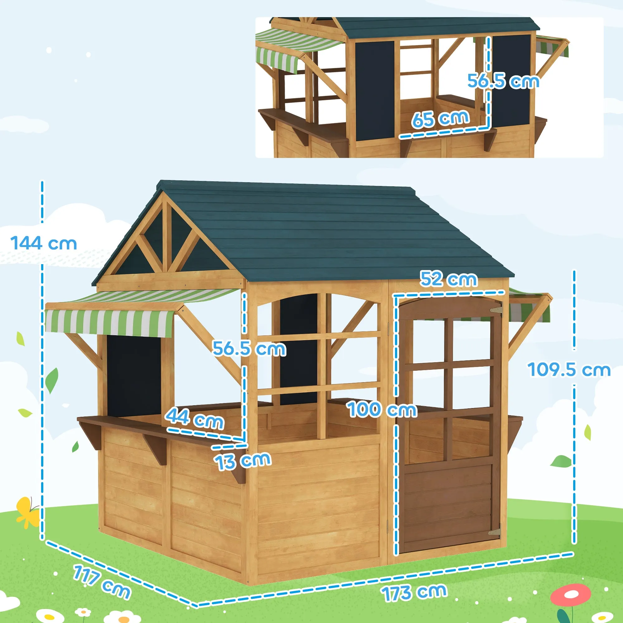 Playhouse for Children 3-8 Years with 5 Windows and 2 Blackboards, in Fir Wood, 173x117x144 cm, Brown and Blue - Image 3