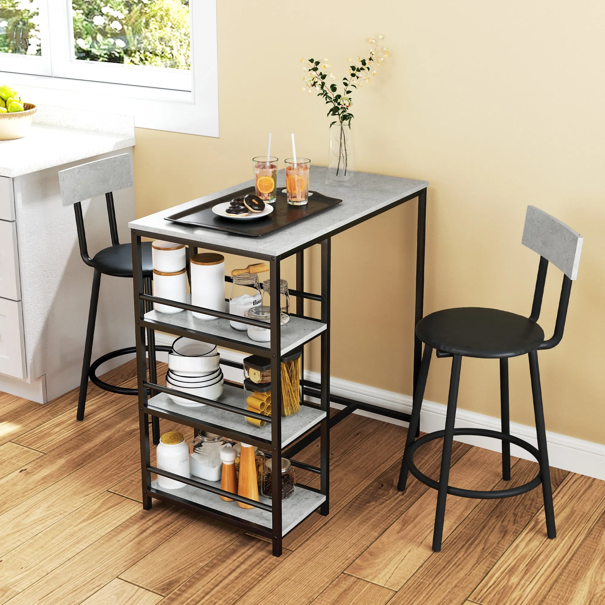 3 Piece Dining Set with Bar Counter with Shelves and 2 High Chairs with Backrest, Light Grey - Image 2