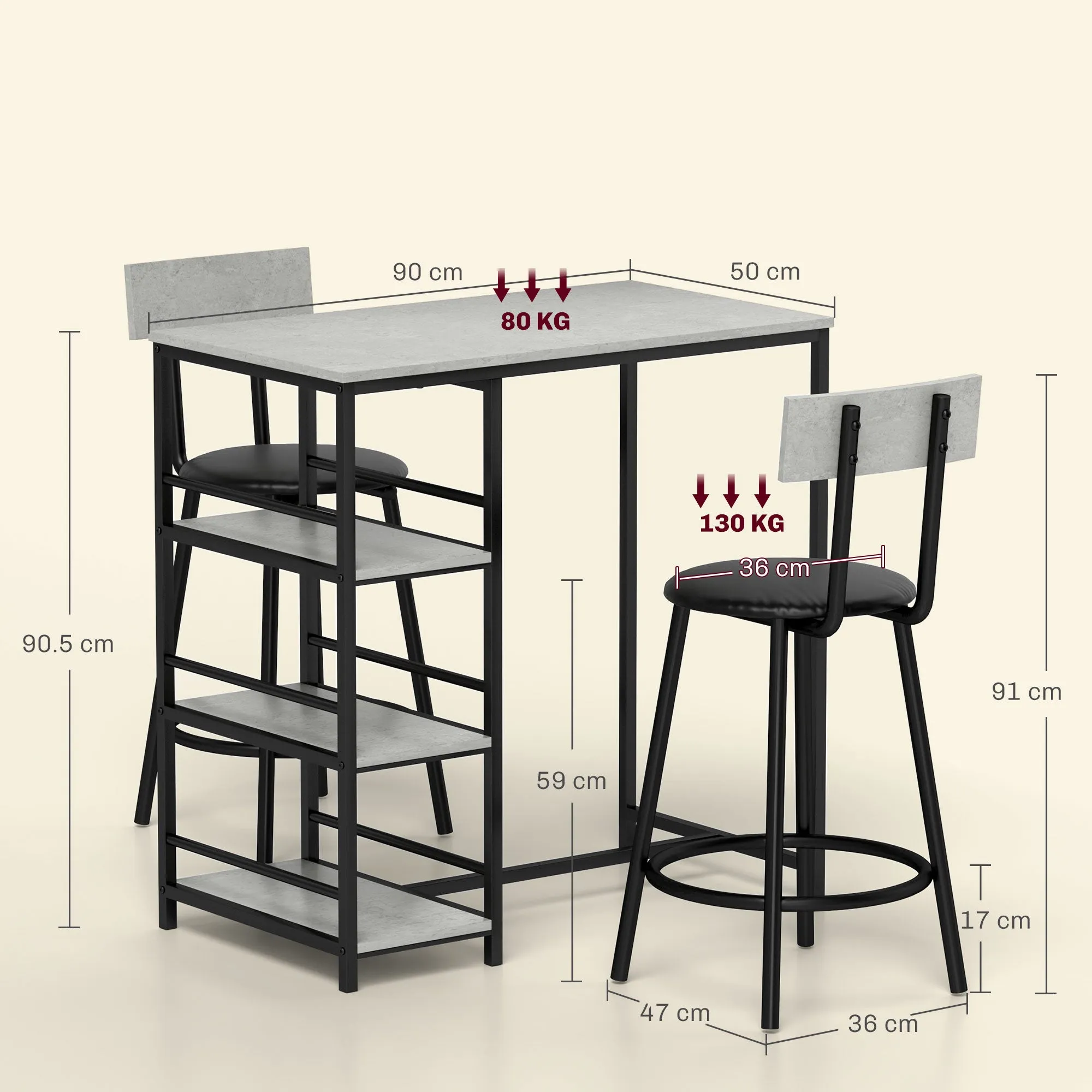 3 Piece Dining Set with Bar Counter with Shelves and 2 High Chairs with Backrest, Light Grey - Image 3