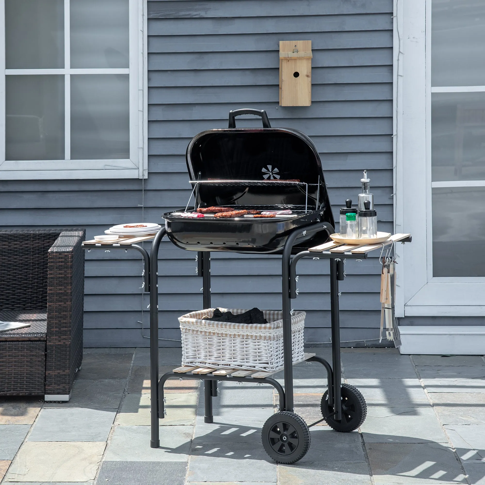 Charcoal Barbecue with Lid, Shelves and Wheels, Complete with Spatula, Tongs and Knife, Black - Image 2