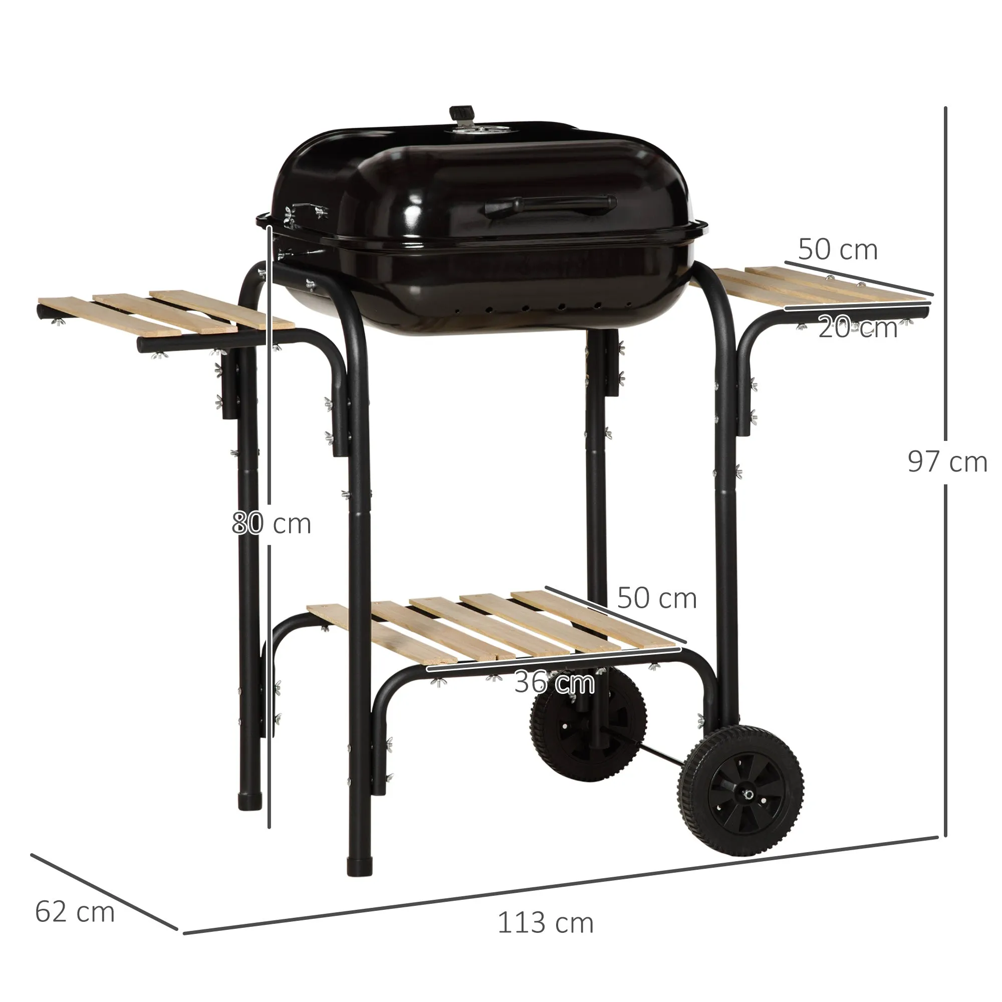 Charcoal Barbecue with Lid, Shelves and Wheels, Complete with Spatula, Tongs and Knife, Black - Image 3
