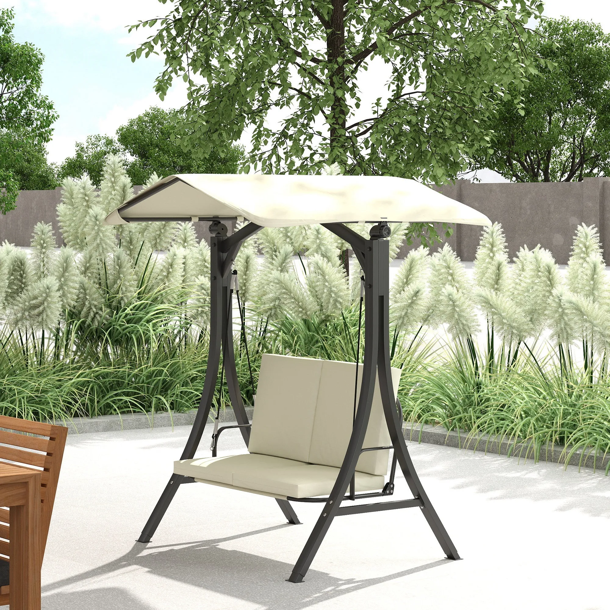 2 Seater Garden Swing with Adjustable Canopy and Cushions, 150x120x182 cm, Cream - Image 2