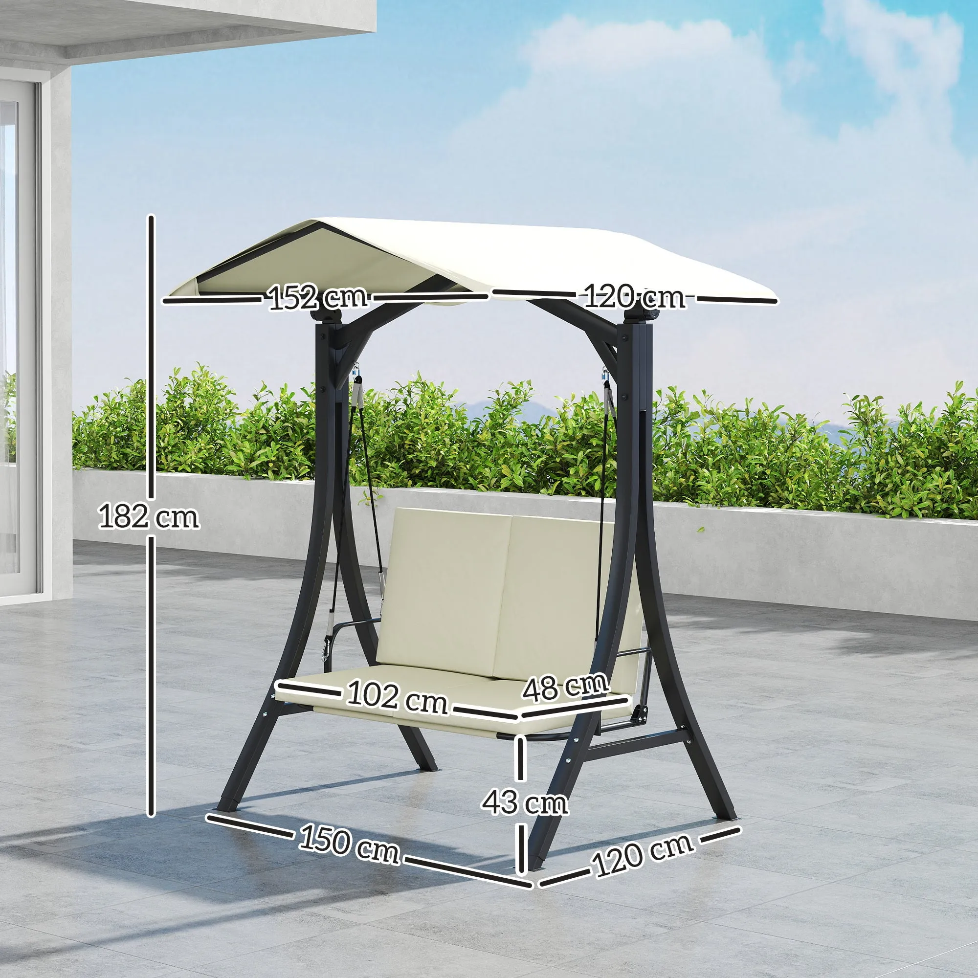 2 Seater Garden Swing with Adjustable Canopy and Cushions, 150x120x182 cm, Cream - Image 3
