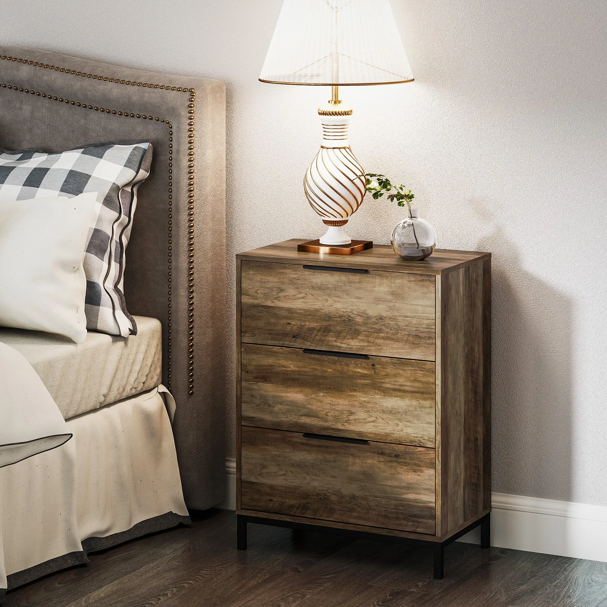 3-Drawer Chest of Drawers Anti-Tip with Black Handles, in Wood and Metal, 62x35x82 cm, Dark Brown - Image 2