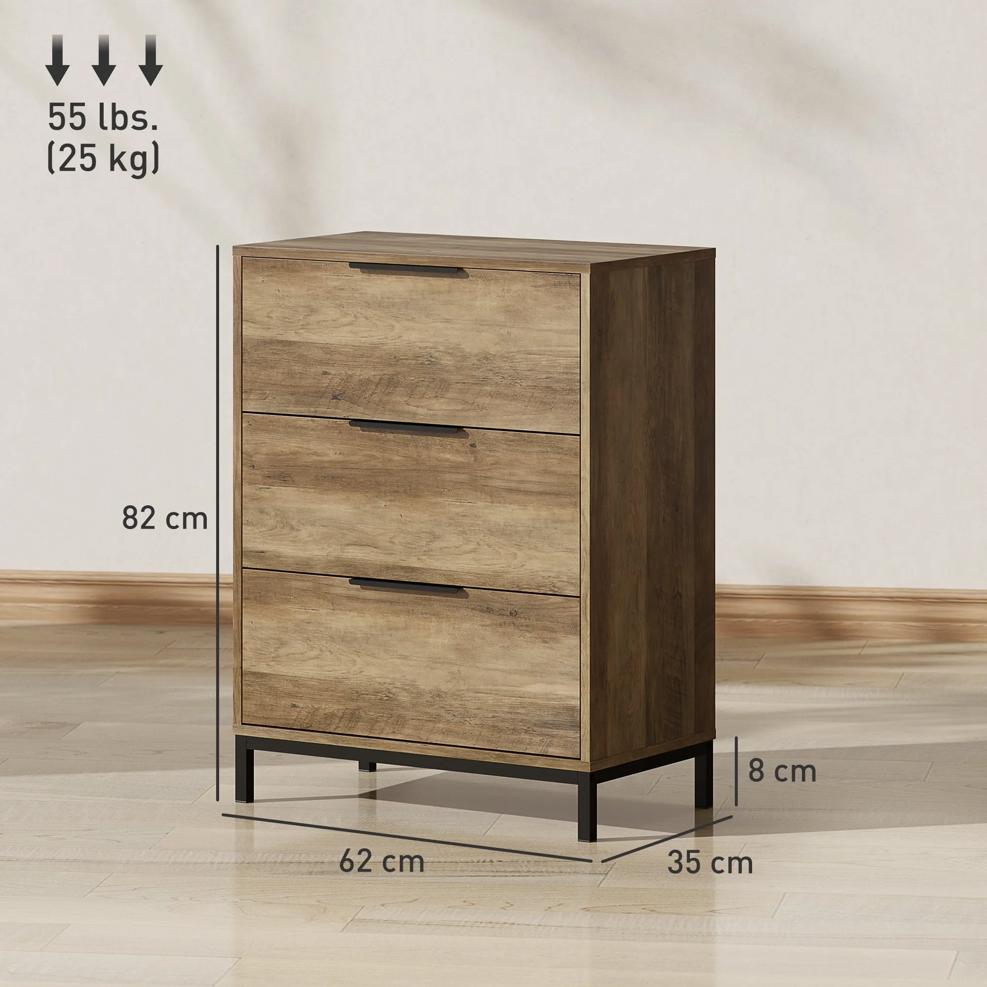 3-Drawer Chest of Drawers Anti-Tip with Black Handles, in Wood and Metal, 62x35x82 cm, Dark Brown - Image 3