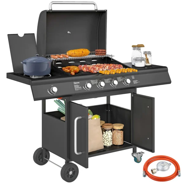 Gas Barbecue with Side Burner, Table and Cabinet, in Steel and PP, 129.5x56x110 cm, Black